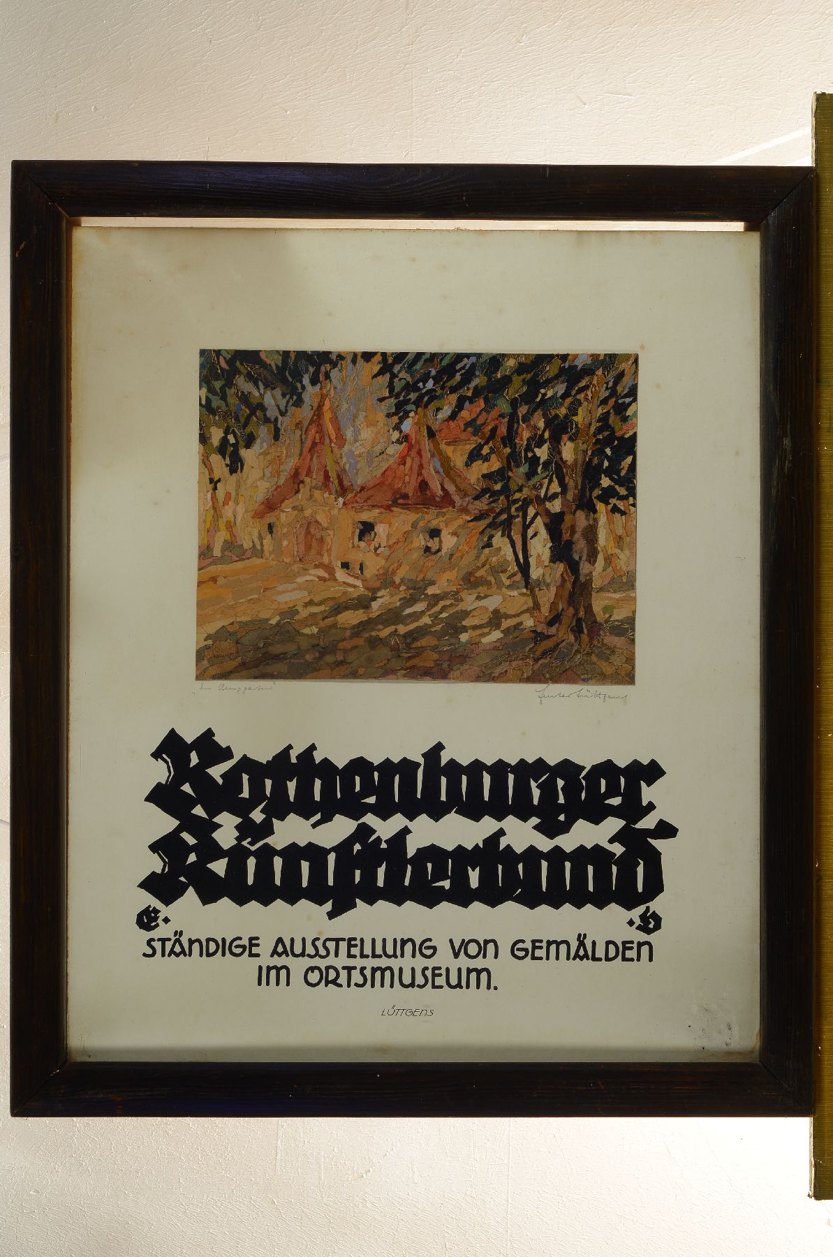 Detail a: Gustav Lüttgens, geb. 1898, Rothenburger Maler, zwei Ansichten von Rothenburg: ein Ölgemälde, "Im Burggarten", auf handbemaltem Plakat ...