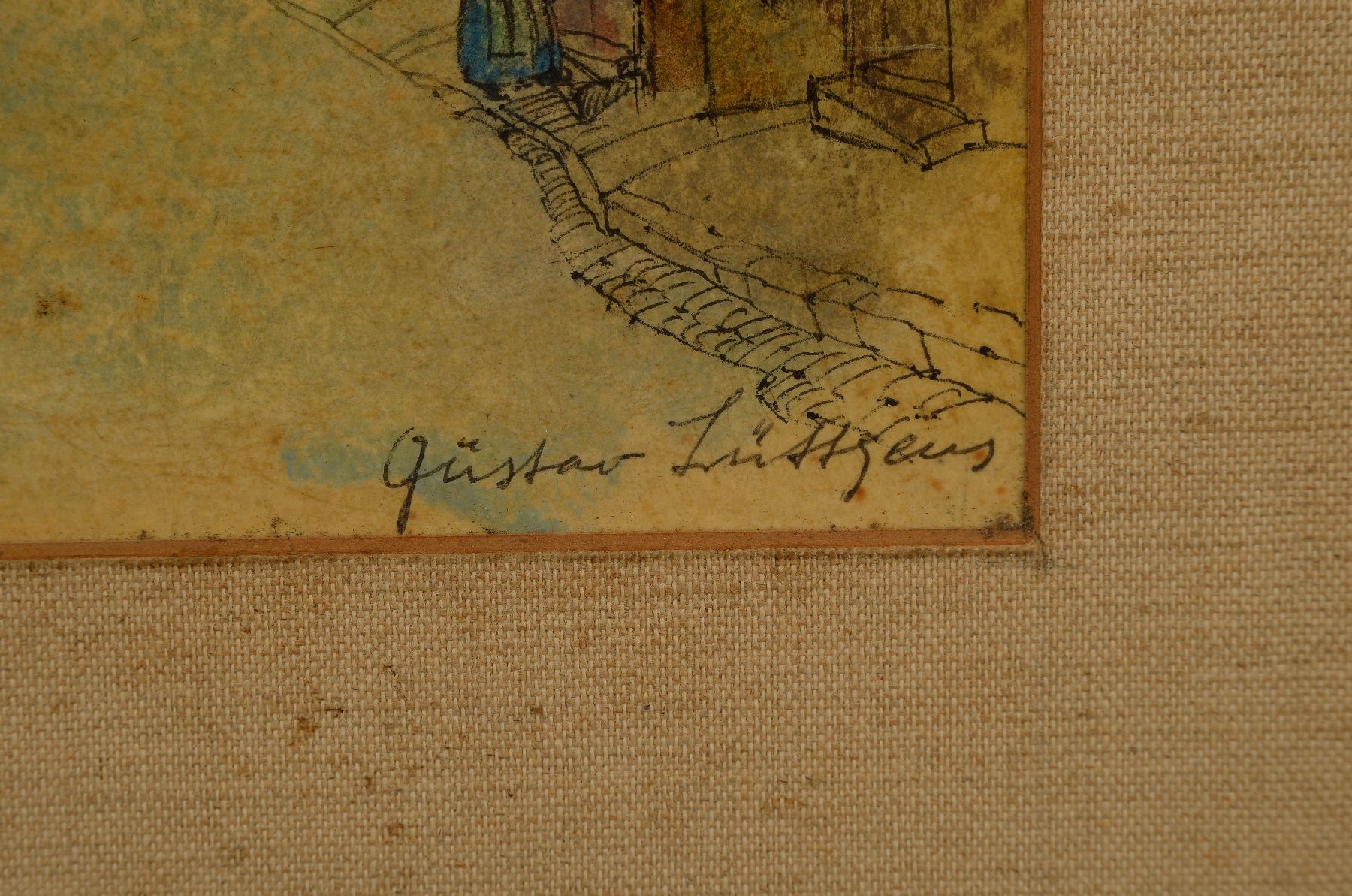 Detail c: Gustav Lüttgens, geb. 1898, Rothenburger Maler, zwei Ansichten von Rothenburg: ein Ölgemälde, "Im Burggarten", auf handbemaltem Plakat ...