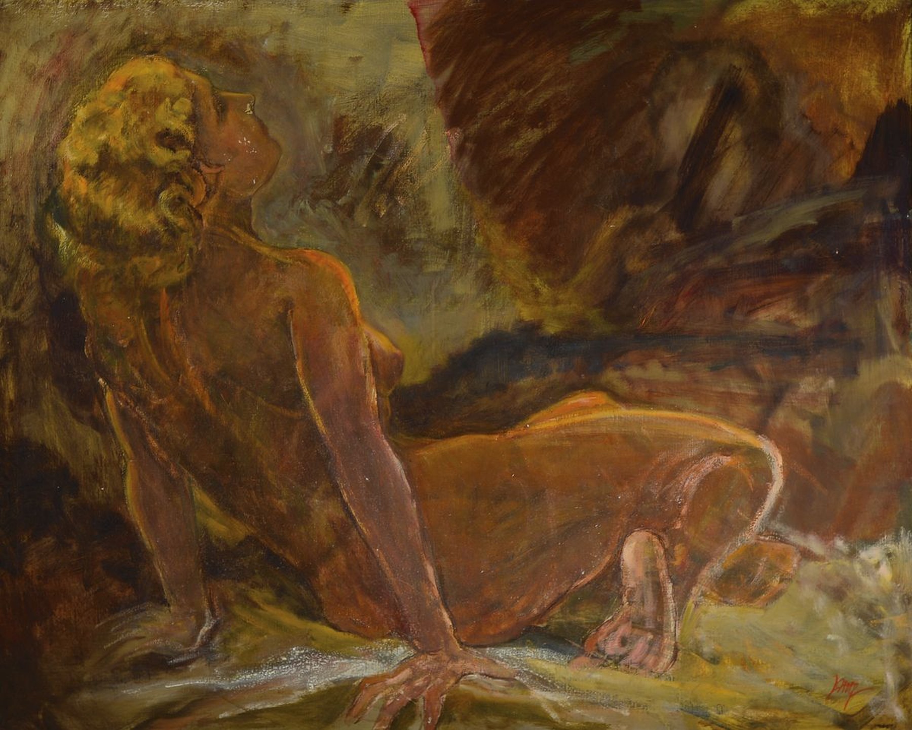 Julius Wolf, 1909 Rottweil - 1996 Kempten, Frauenakt, "Erwachen", Öl/Lwd, re. u. signiert, leichte Farbabblätterungen bzw. Altersspuren, ...