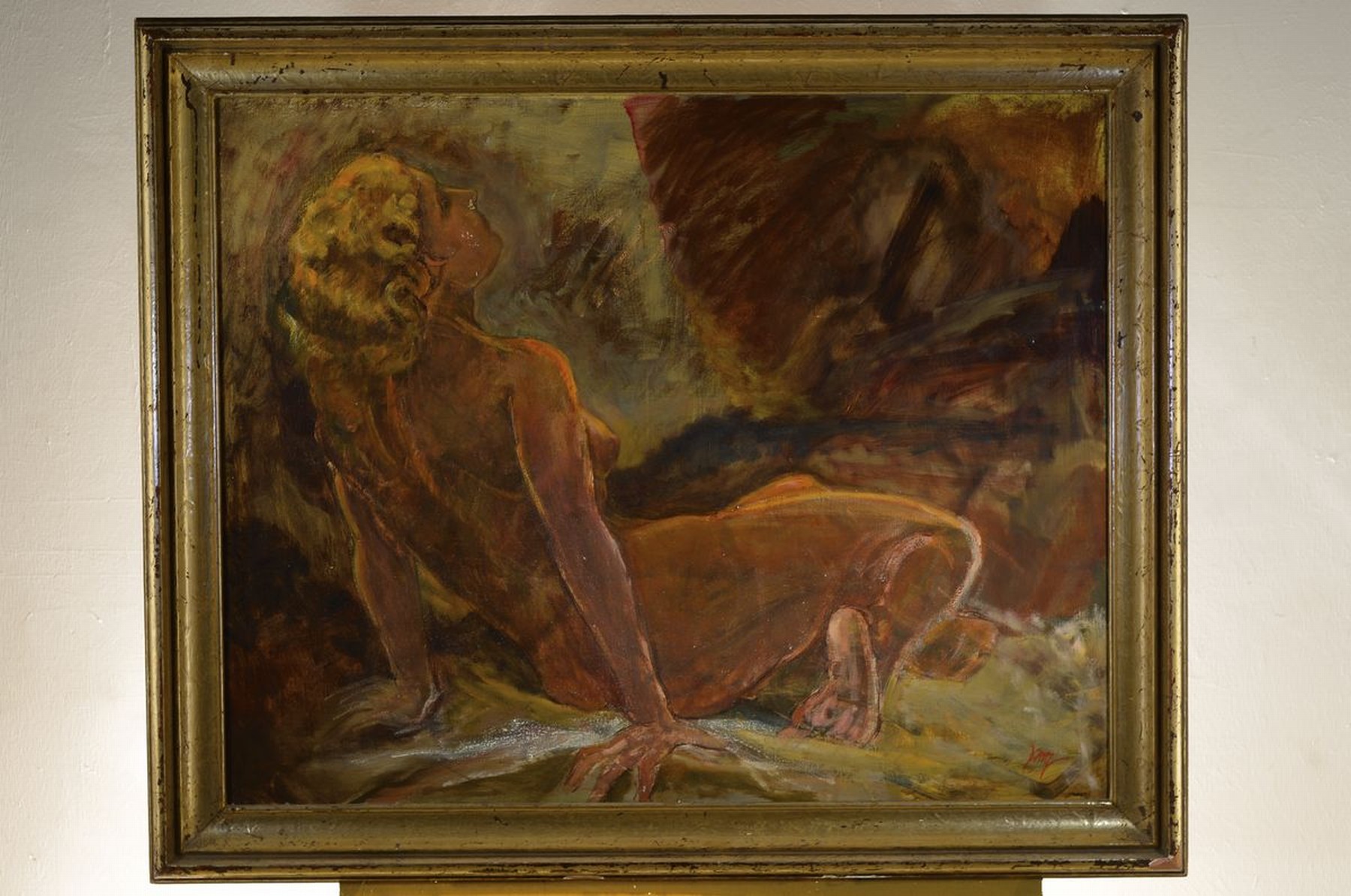 Detail k: Julius Wolf, 1909 Rottweil - 1996 Kempten, Frauenakt, "Erwachen", Öl/Lwd, re. u. signiert, leichte Farbabblätterungen bzw. Altersspuren, ...