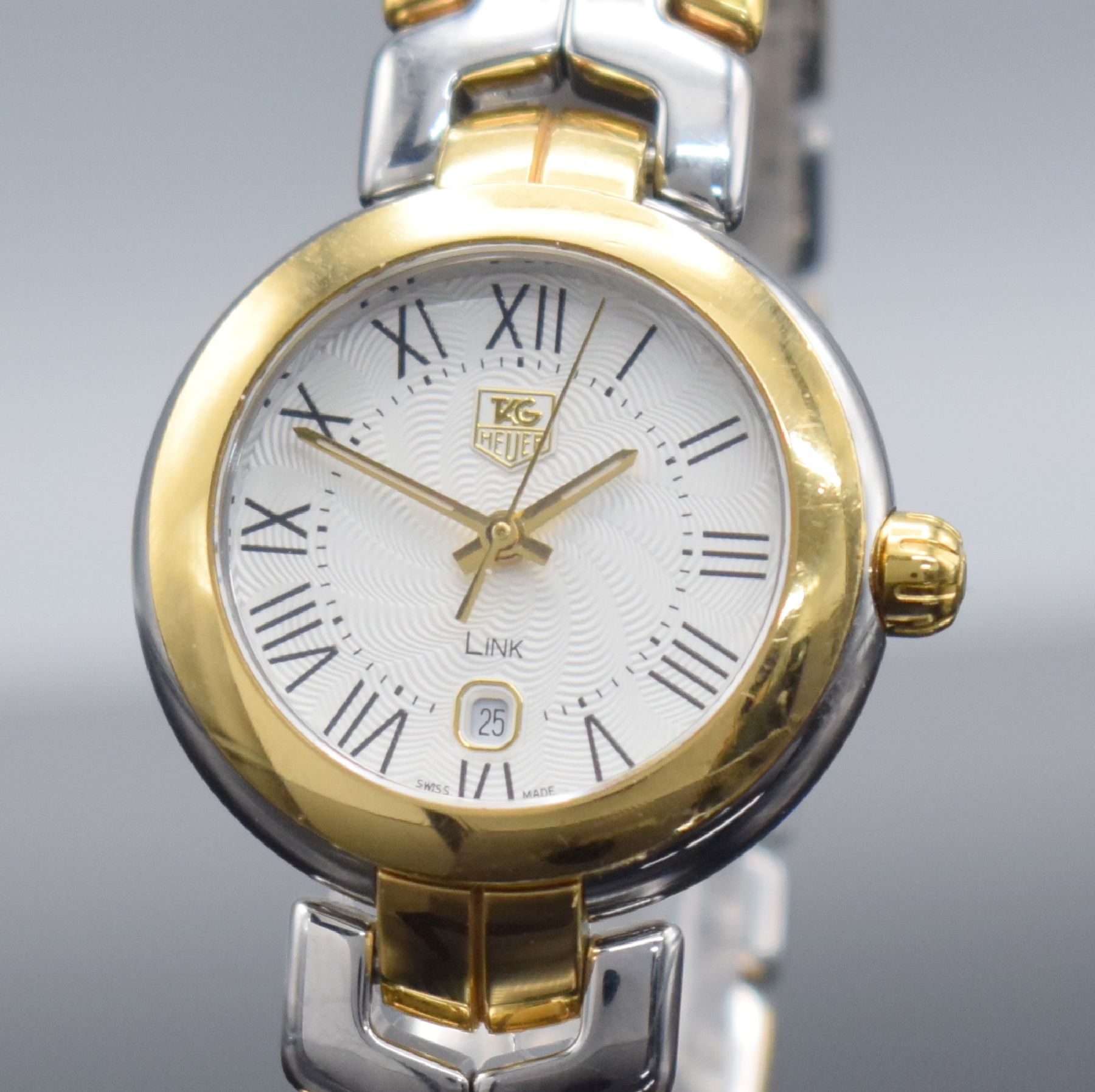 Detail c: TAG HEUER Link Damenarmbanduhr in Stahl/Gold, Schweiz verk. lt. beil. Garantie 12/2013, quarz, Ref. WAT1452, Boden verschr., orig. Gliederband m. ...