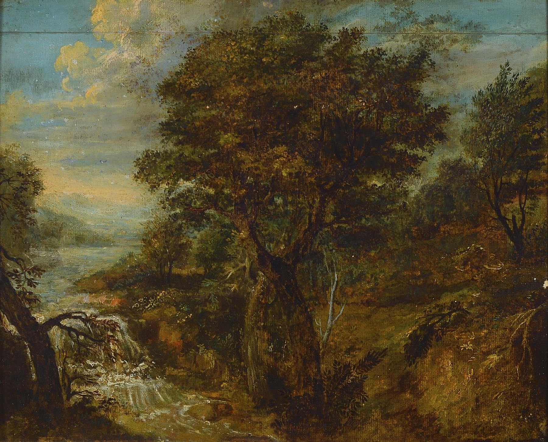 Süddeutscher Maler, um 1840/50, Gebirgslandschaft mit Blick ins Tal und kleinem Bach, Öl/Weichholzplatte, unsigniert, oben mit älterem ...