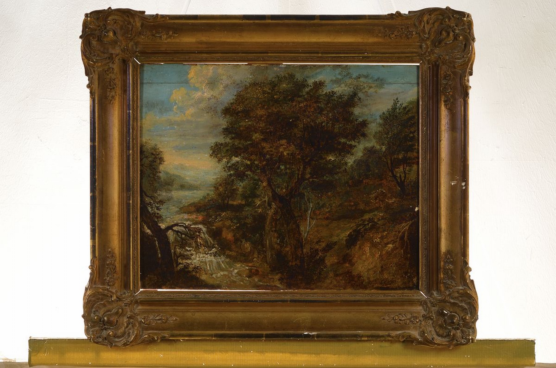 Detail k: Süddeutscher Maler, um 1840/50, Gebirgslandschaft mit Blick ins Tal und kleinem Bach, Öl/Weichholzplatte, unsigniert, oben mit älterem ...