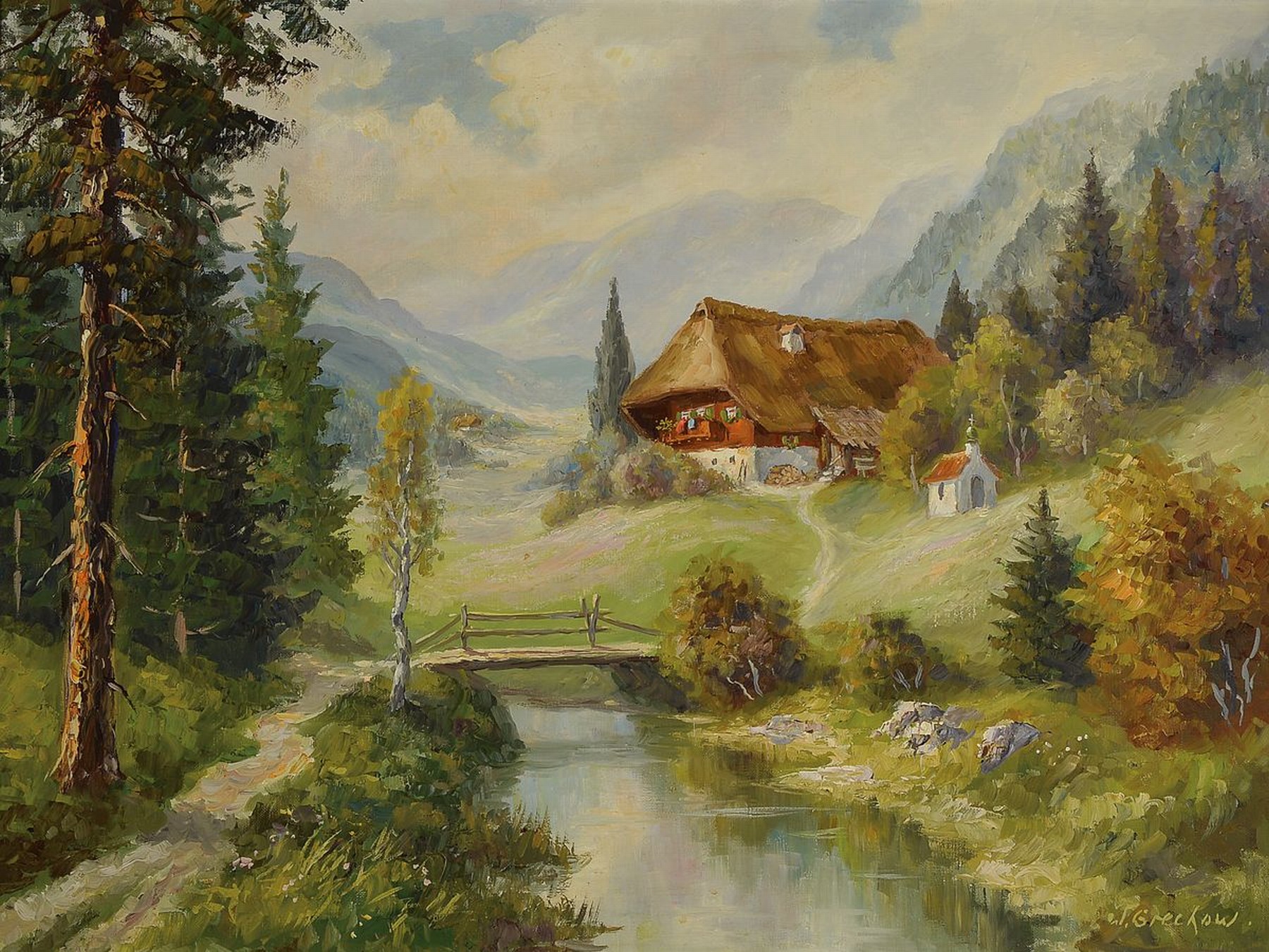 Wladimir Grechow, geb. 1917, Landschaft in den Bergen, Öl/Lwd, rechts unten signiert, ca. 60x80cm, R. ca. 76x96cm