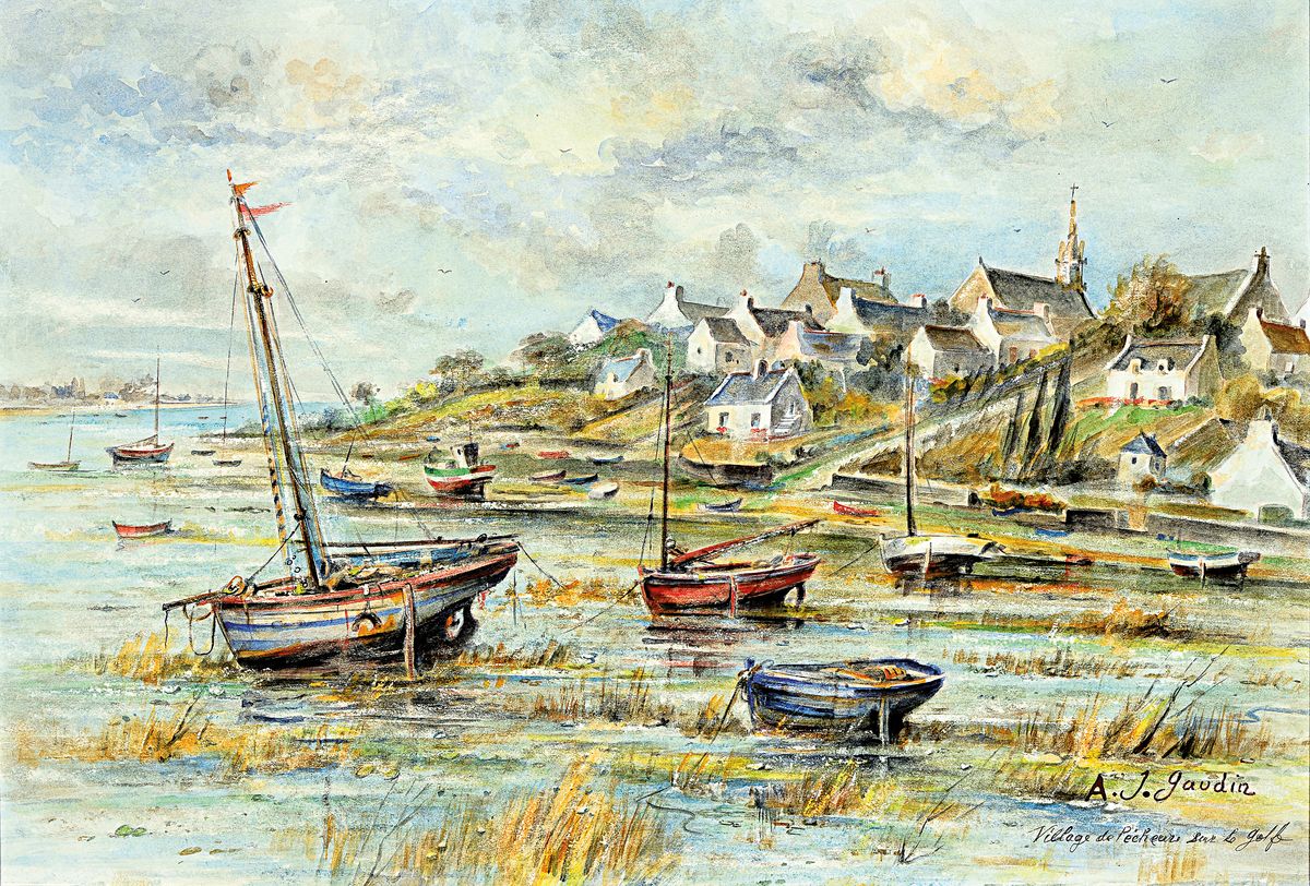 A. J. Gaudin, französischer Künstler, 2. Hälfte 20. Jh., Boote im Hafen, bez. "Village de Pecheur sur le golf, re. unten signiert, ...