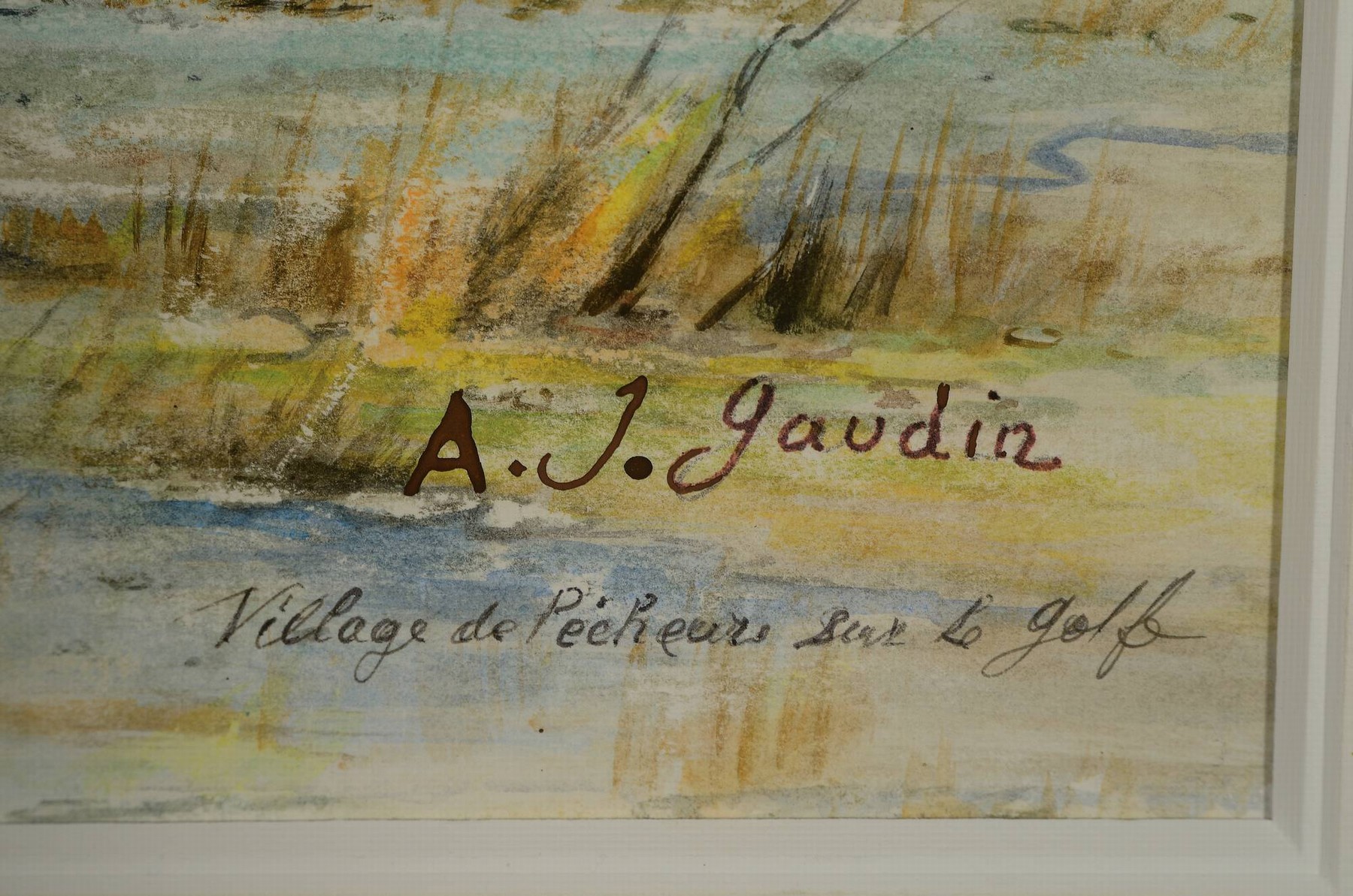 Detail a: A. J. Gaudin, französischer Künstler, 2. Hälfte 20. Jh., Boote im Hafen, bez. "Village de Pecheur sur le golf, re. unten signiert, ...