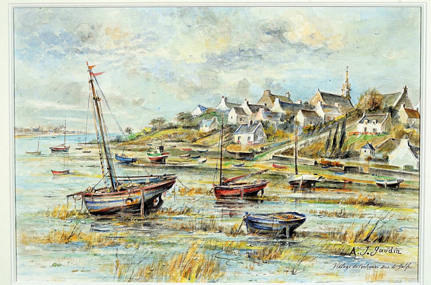 Detail k: A. J. Gaudin, französischer Künstler, 2. Hälfte 20. Jh., Boote im Hafen, bez. "Village de Pecheur sur le golf, re. unten signiert, ...