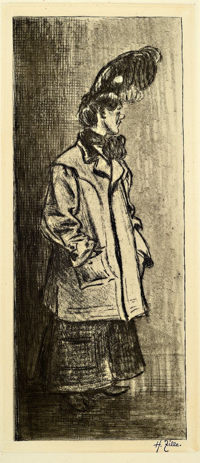 Heinrich Zille, 1858 Radeburg - 1929 Berlin, "Frau mit Pleureuse", Radierung auf Bütten, Stempelsignatur, ca. 42 x 18 cm, Blatt ca. 53 x ...