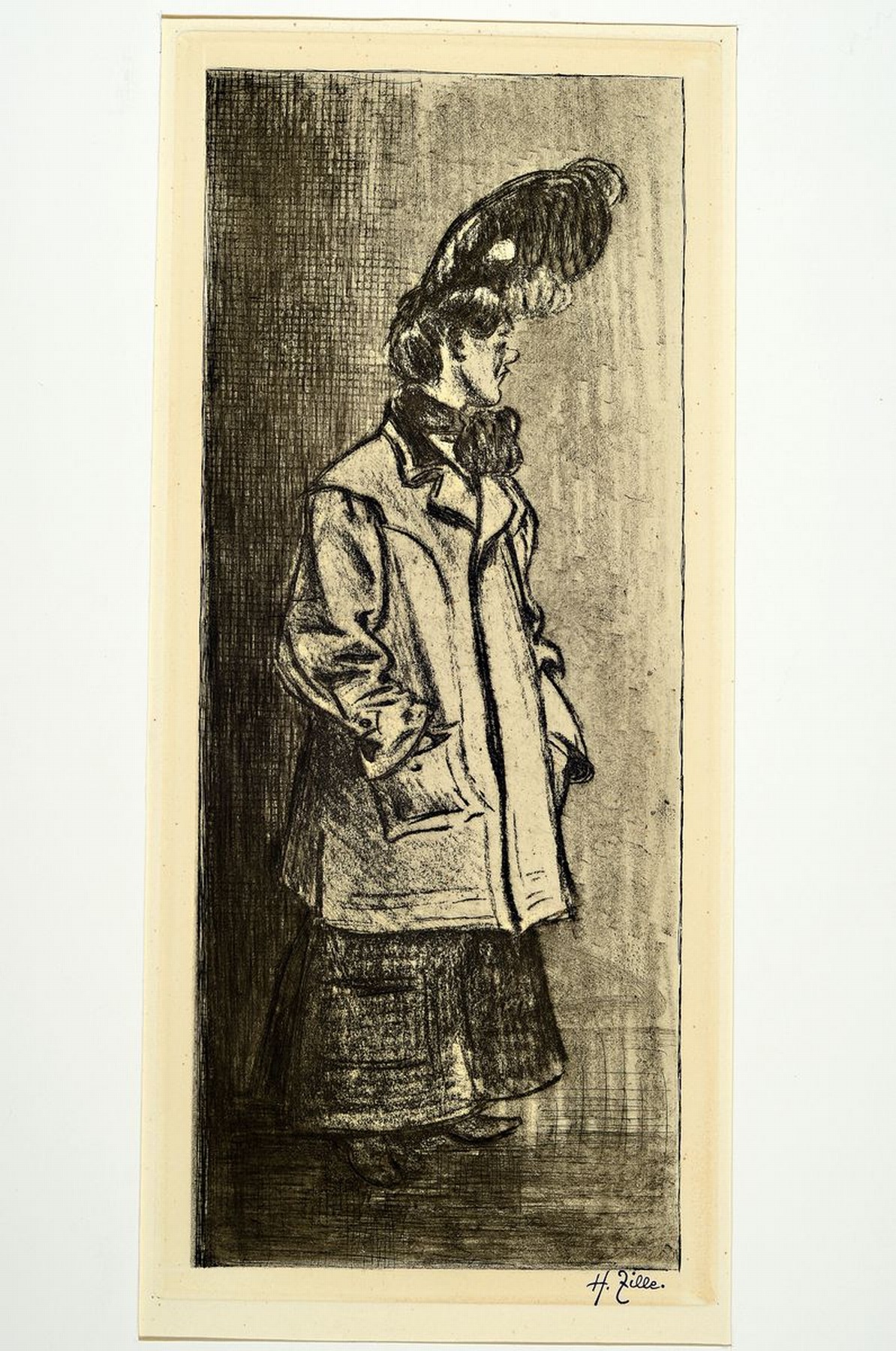 Detail k: Heinrich Zille, 1858 Radeburg - 1929 Berlin, "Frau mit Pleureuse", Radierung auf Bütten, Stempelsignatur, ca. 42 x 18 cm, Blatt ca. 53 x ...