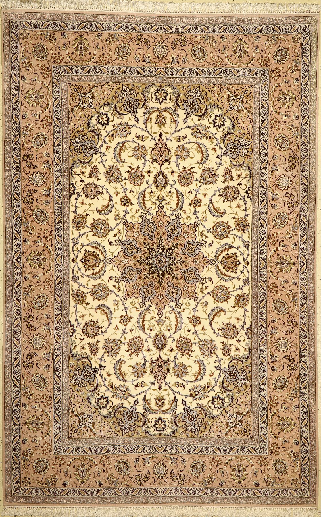 Esfahan fein, Persien, ca. 40 Jahre, Korkwolle mit und auf Seide, ca. 243 x 155 cm,ca. 1,0 Mio. Kn/qm, EHZ: 2