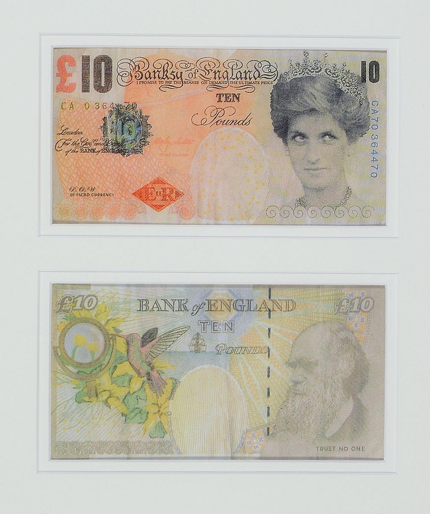 Banksy, zeitgenössischer britischer Künstler , zwei Exemplare der di-faced Tenner, Multiples, in beidseitig verglastem Rahmen, R.ca. 36x33 cm