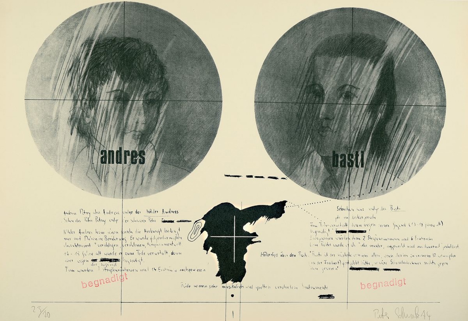 Detail a: Peter Schnatz, 1940 Ebringen - 2004, fünf Graphiken, Hölzerlips, 23/70, handsigniert und dat. 74, 70 x 50 cm, leicht angeschmutzt und leichte ...