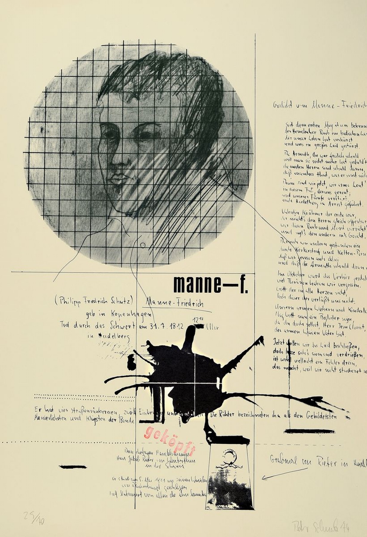 Detail b: Peter Schnatz, 1940 Ebringen - 2004, fünf Graphiken, Hölzerlips, 23/70, handsigniert und dat. 74, 70 x 50 cm, leicht angeschmutzt und leichte ...