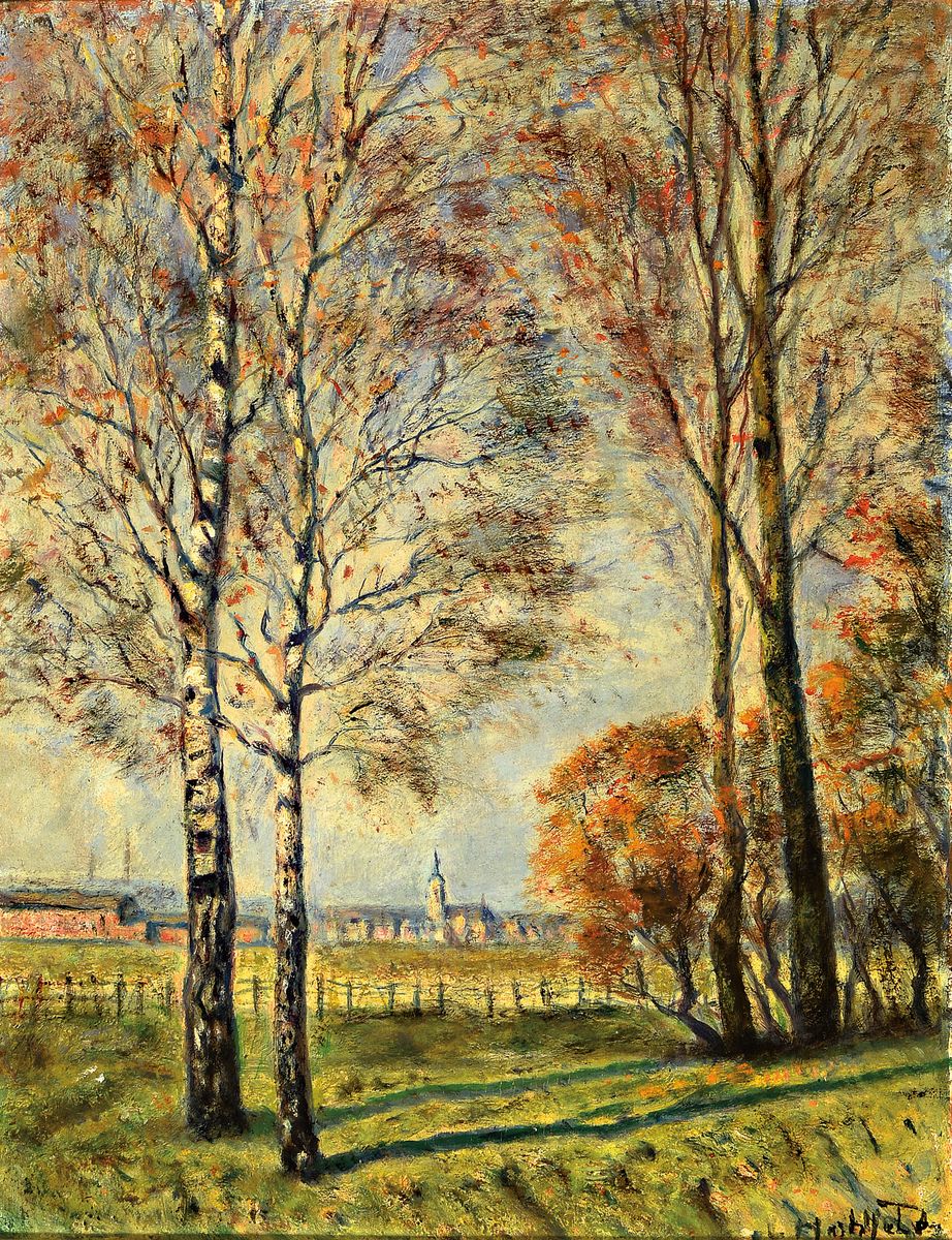 Leo Hohlfeld, 1872 Waren-1951 Dessau, Blick durch Birken auf eine Ortschaft, Öl/Malkarton, rechts unten signiert, ca. 45x35cm, R. ca. 53x43cm