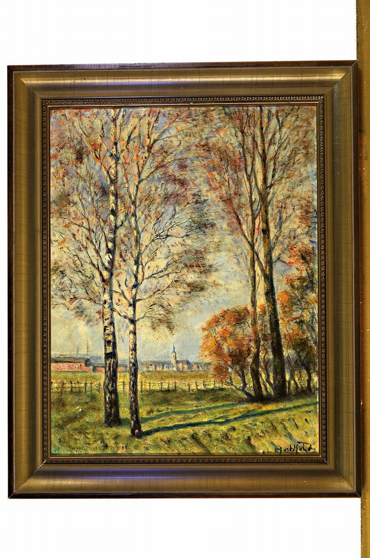 Detail k: Leo Hohlfeld, 1872 Waren-1951 Dessau, Blick durch Birken auf eine Ortschaft, Öl/Malkarton, rechts unten signiert, ca. 45x35cm, R. ca. 53x43cm
