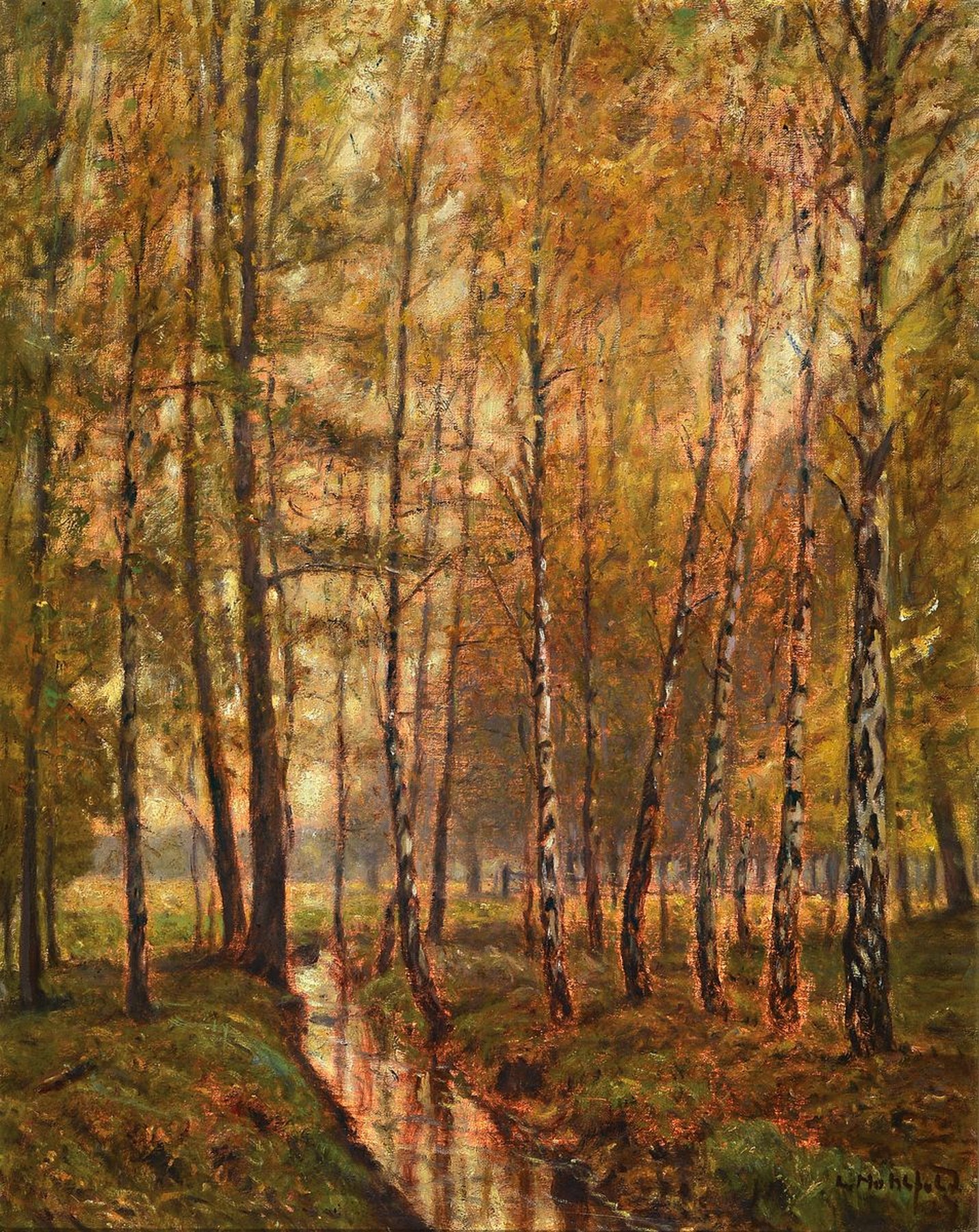 Leo Hohlfeld, 1872 Waren-1951 Dessau, Birkenwäldchen mit Bachlauf im Herbst, Öl/Lwd, rechts unten signiert, ca. 55x45cm, R. ca. 63x53cm
