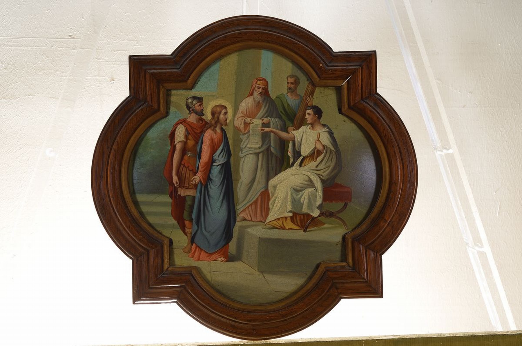 Detail k: Unbekannter Maler der Nazarener, deutsch, 19 .Jh., Christus vor Pontius Pilatus, Öl auf konvex geborgene runde Metallplatte, krakeliert, in ...