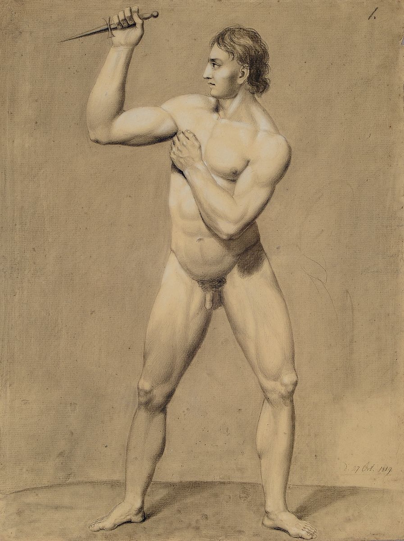 Zuschreibung: Charles Francois Mayer, gest. 1849 Paris, Männlicher Akt mit Messer, Bleistiftzeichnung auf Papier, weiß gehöht, seitlich rechts ...