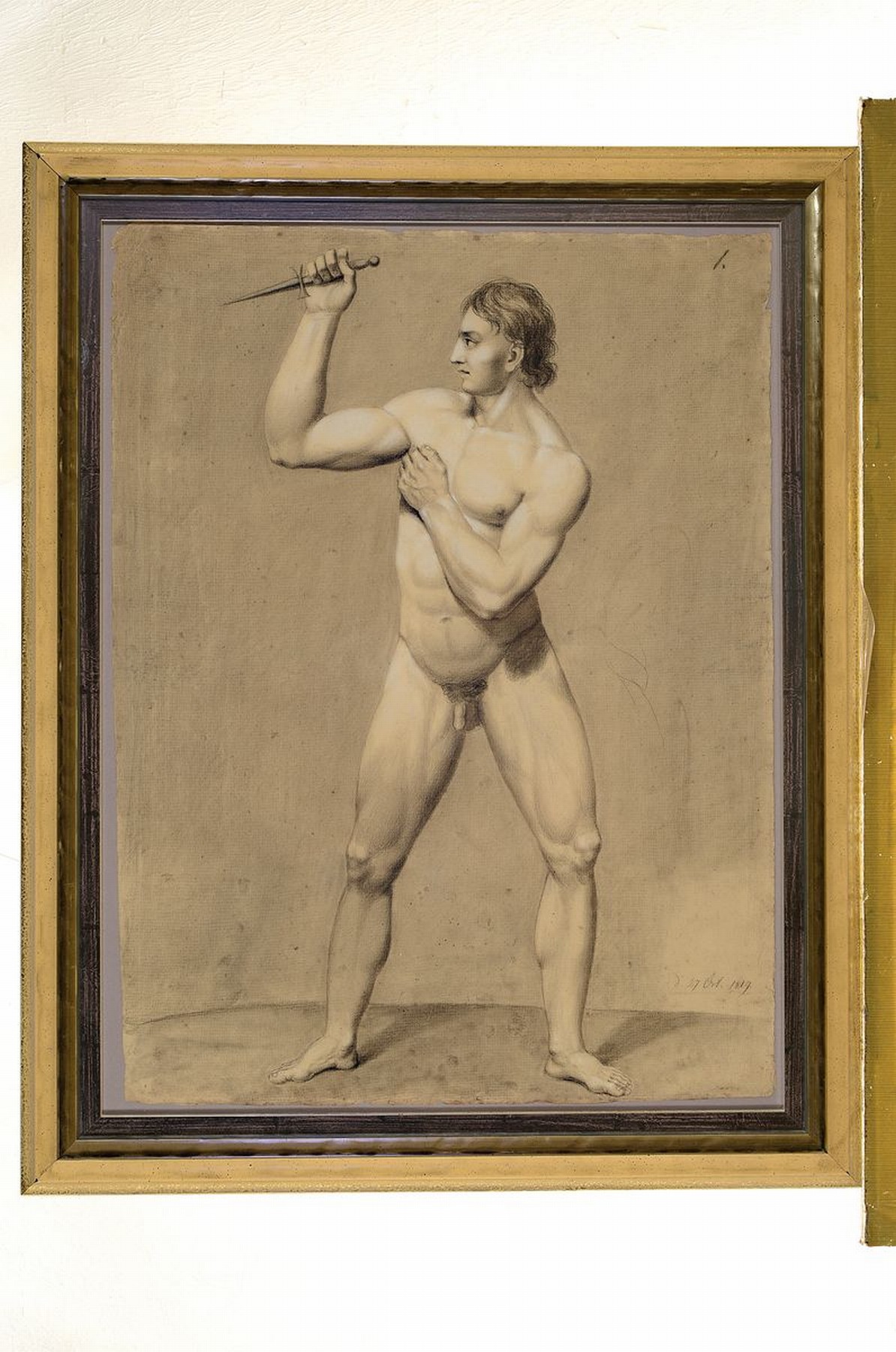 Detail k: Zuschreibung: Charles Francois Mayer, gest. 1849 Paris, Männlicher Akt mit Messer, Bleistiftzeichnung auf Papier, weiß gehöht, seitlich rechts ...