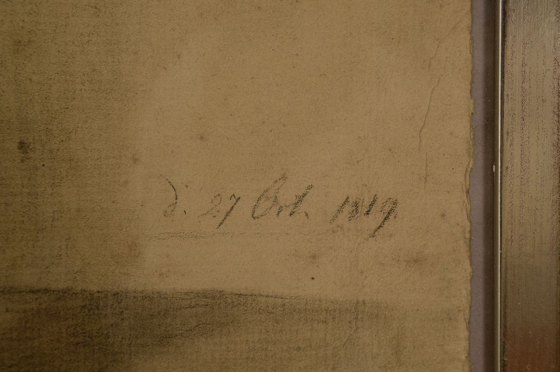 Detail l: Zuschreibung: Charles Francois Mayer, gest. 1849 Paris, Männlicher Akt mit Messer, Bleistiftzeichnung auf Papier, weiß gehöht, seitlich rechts ...