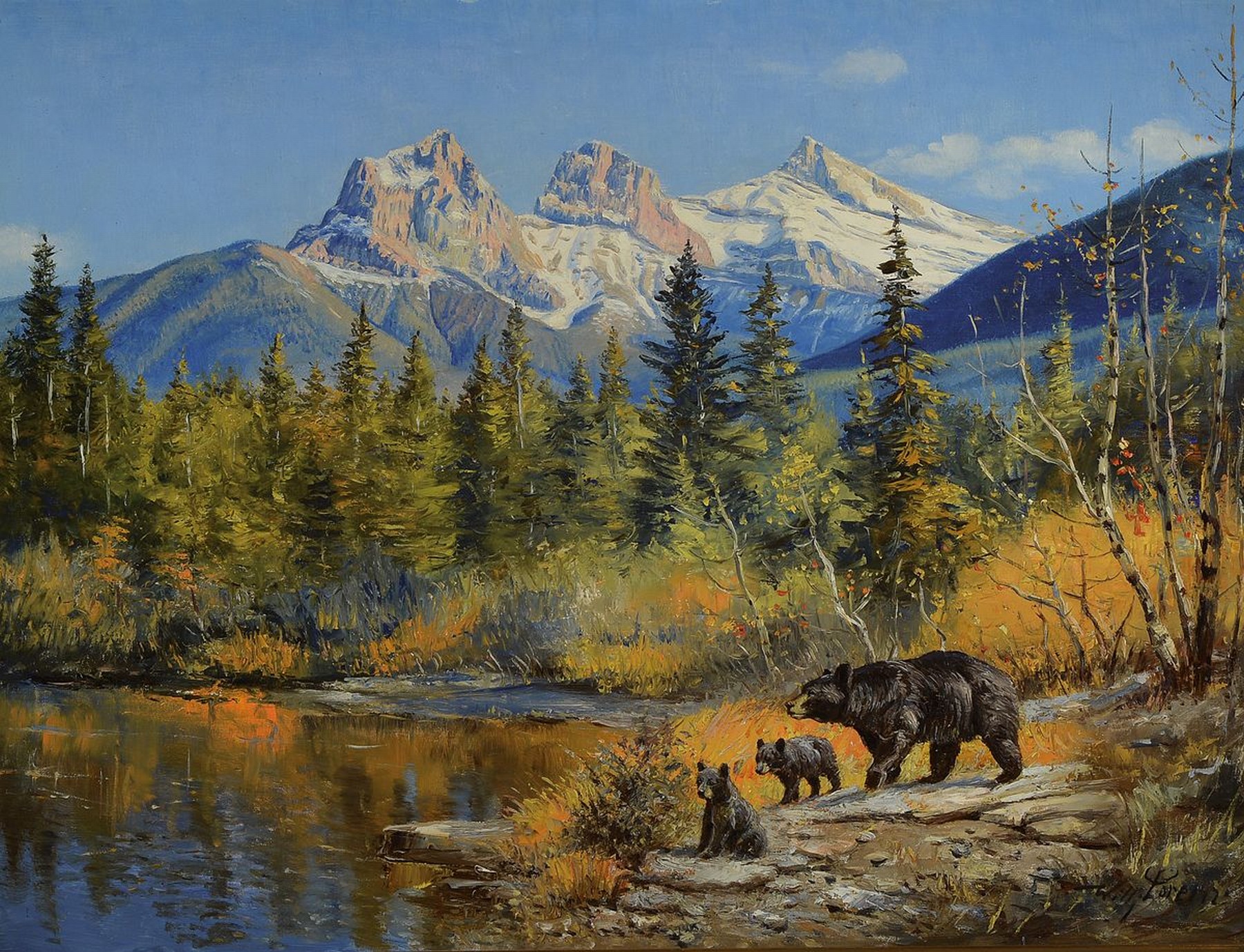 Willy Lorenz, 1908 Berlin - 1980, deutscher Tiermaler, Bärin mit zwei Jungtieren in herbstlicher Landschaft der kanadischen Rocky Mountains, ...