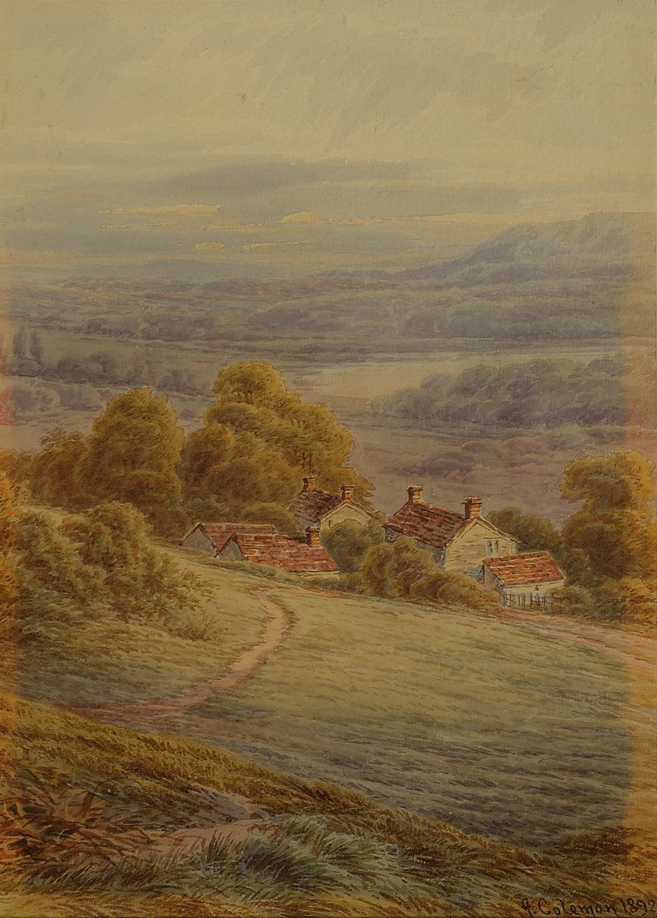 A. Coleman, britischer Künstler des 19.Jh., zwei Aquarelle: Ansichten von typischen Cottages in hügeliger Landschaft, je rechts unten signiert u. ...