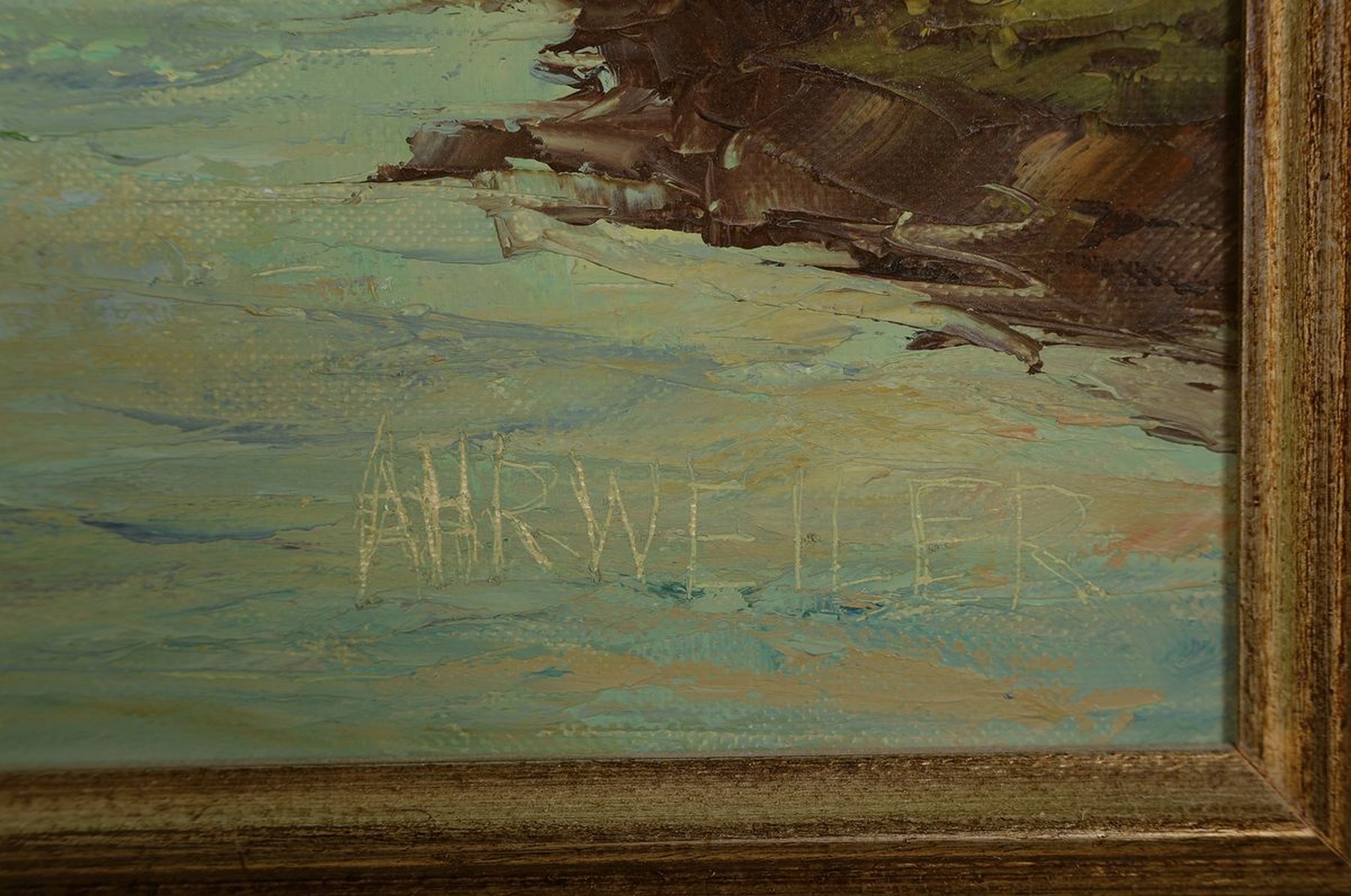 Detail a: Willy Ahrweiler, geb. 1905 Düsseldorf, Studium an den Akademien Düsseldorf und München, hier: Personen beim Picknick am Flußufer, im Hintergrund ...