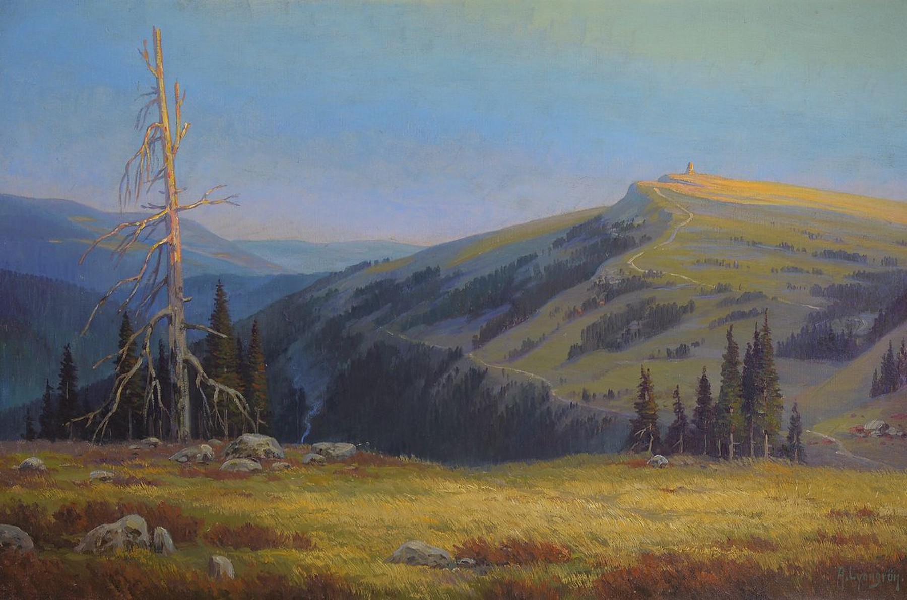 Arnold Lyongrün, 1871 Domnau-1935 Hamburg, Weite Landschaft im Schwarzwald mit Blick auf den Feldberg, Öl/Lwd, rechts unten sign., ca. 73x108cm, R. ...
