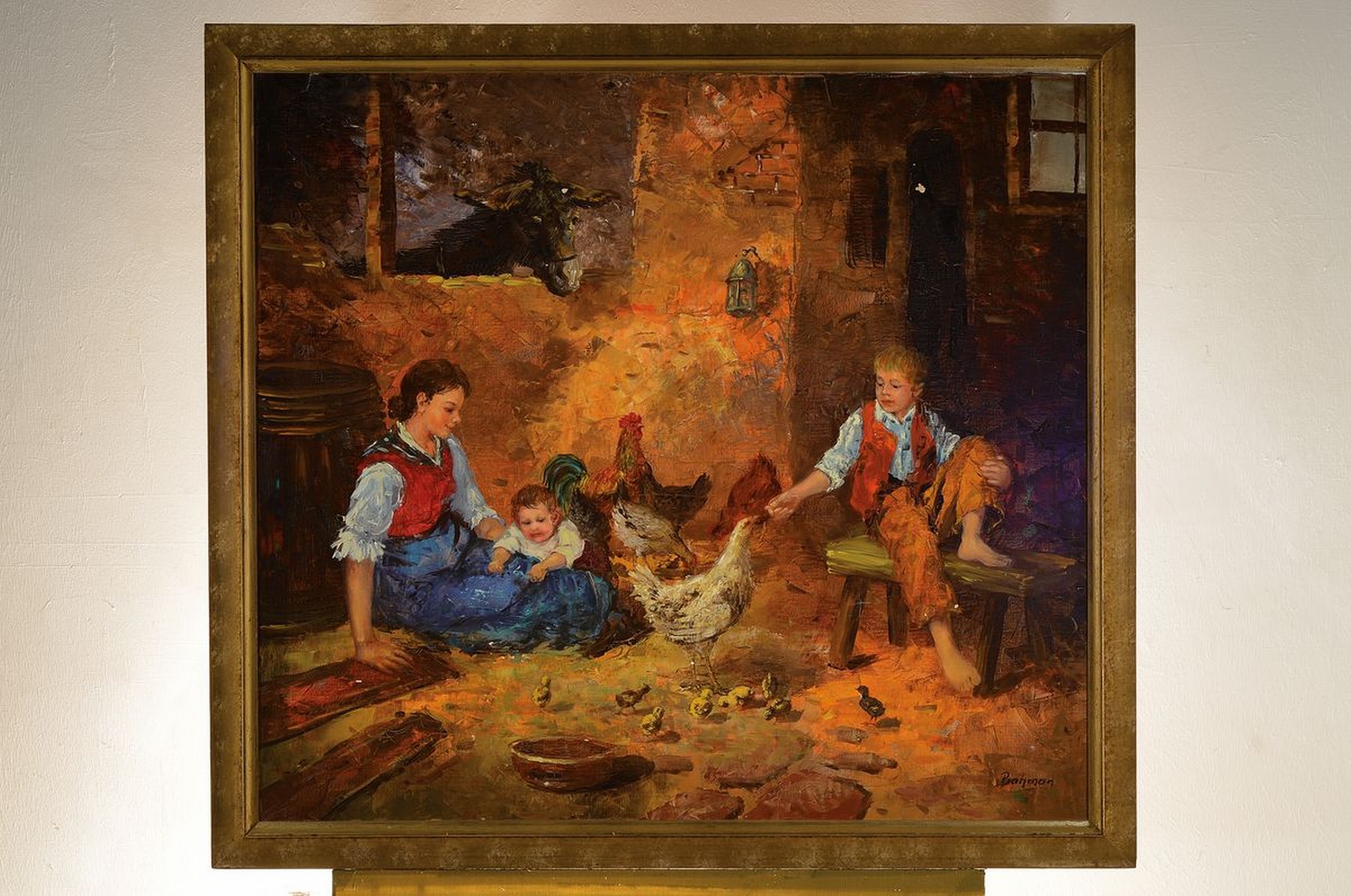Detail k: Bahman, zeitgenössischer Traditionalist, Mutter mit zwei Kindern im Hühnerstall, Öl/Lwd, rechts unten signiert, ca. 90x100cm, R. ca. 100x110cm, ...