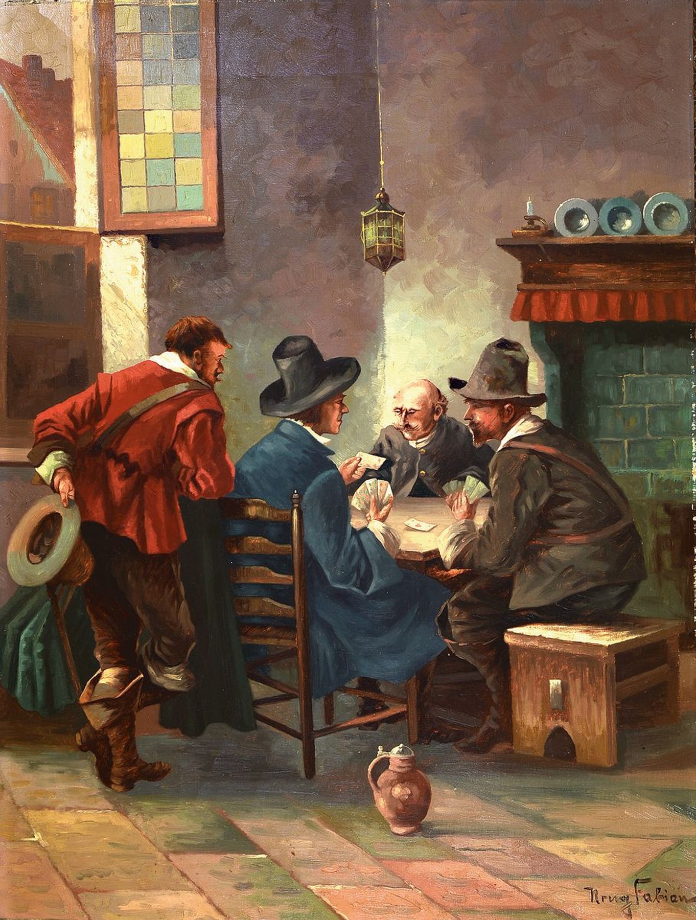 Krug Fabian, Maler der Mitte des 20. Jh., Beim Kartenspiel, Öl/Lwd, rechts unten signiert, ca. 80x60cm, R. ca. 97x77cm