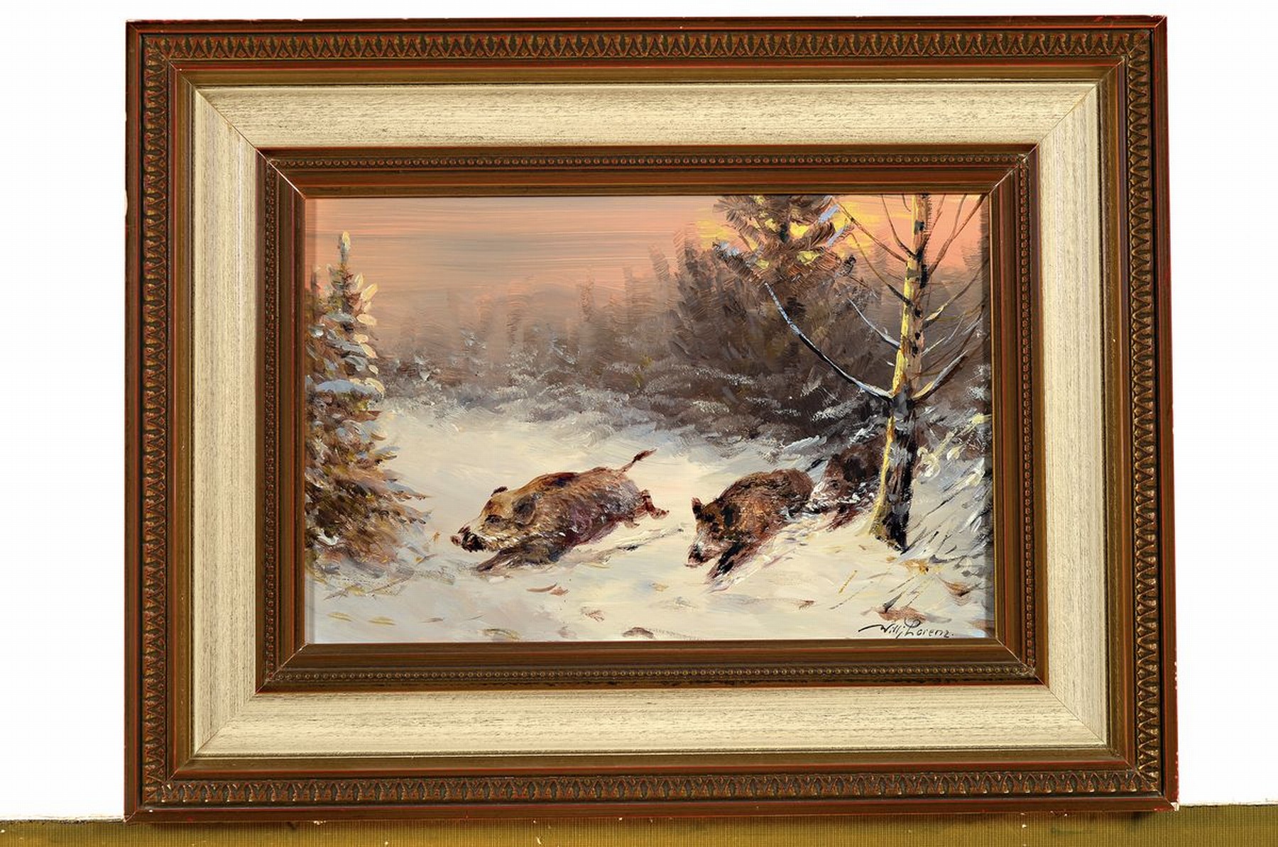 Detail k: Willy Lorenz, 1901 Köln-1981, bekannter deutscher Tier- und Landschaftsmaler, hier: Wildschweine im verschneiten Winterwald, Öl/ Malkarton, rechts ...