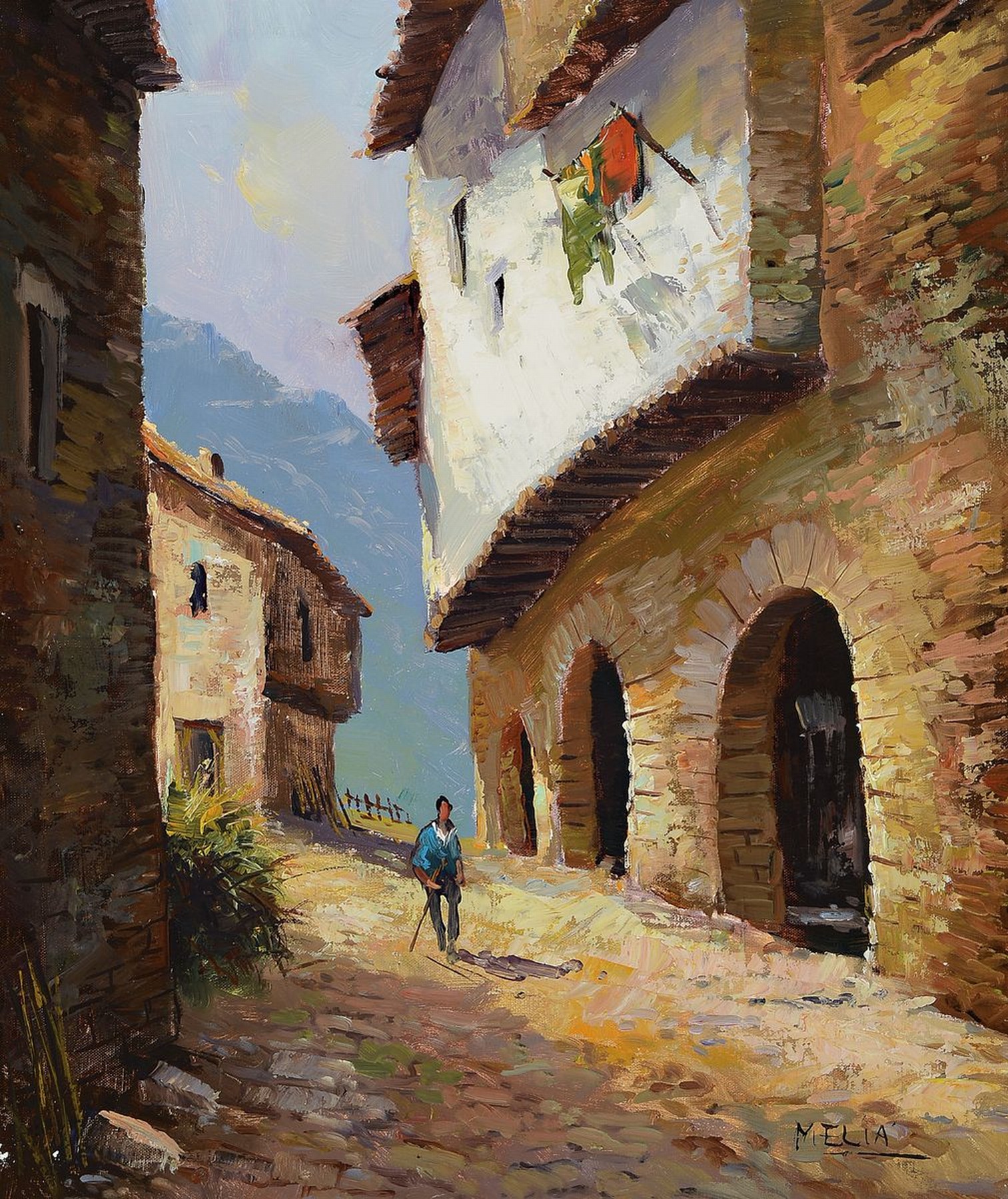 Melia, zeitgenössischer spanischer Maler, Stadtansicht, Öl/Lwd, rechts unten signiert, kleinere Farbabblätterungen, ca. 60x50cm, R. ca. 70x60cm
