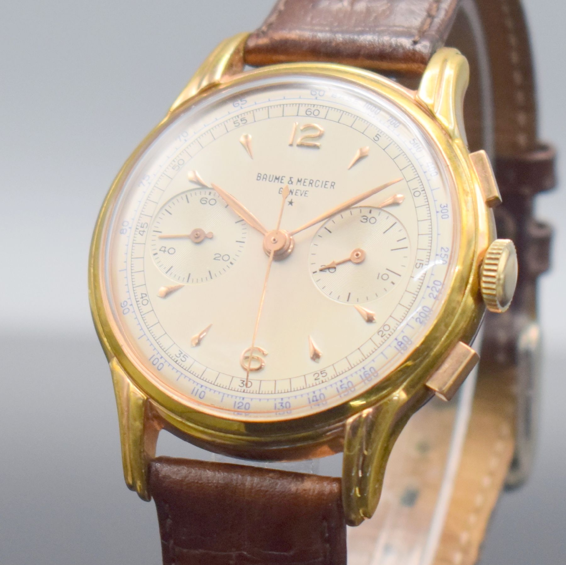 Detail c: Herrenarmbanduhr mit Chronograph Kaliber Landeron 48, Schweiz um 1950, Handaufzug, verg. Geh., Stahlboden aufgedr., Zifferbl. bez. "Baume & ...