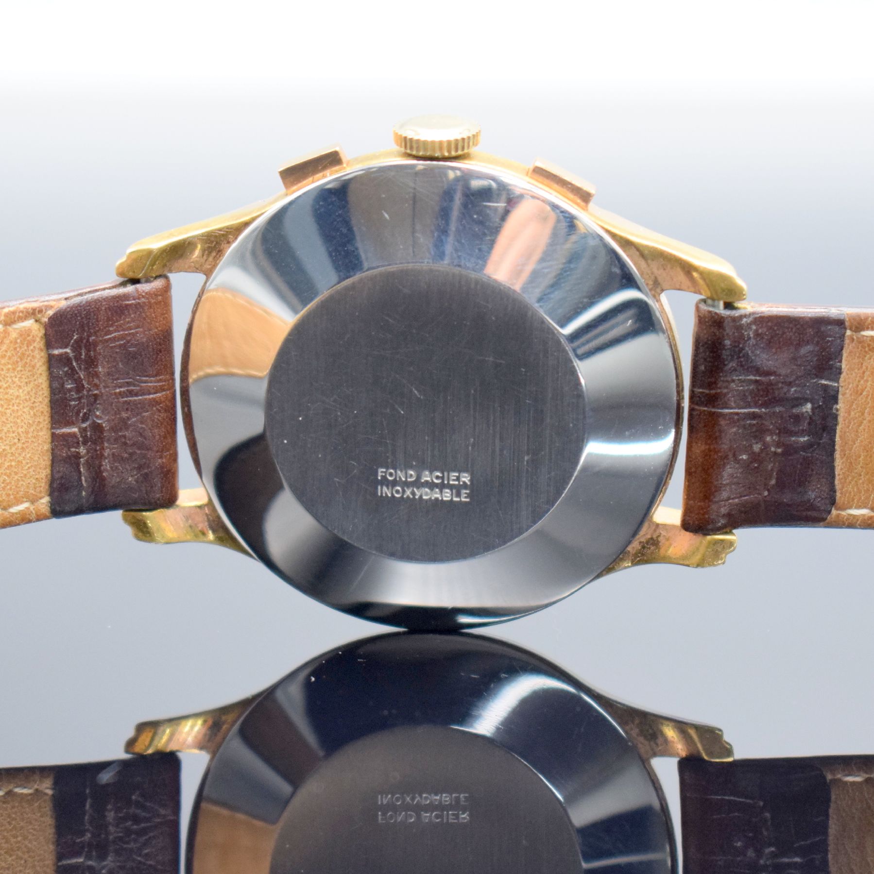 Detail f: Herrenarmbanduhr mit Chronograph Kaliber Landeron 48, Schweiz um 1950, Handaufzug, verg. Geh., Stahlboden aufgedr., Zifferbl. bez. "Baume & ...