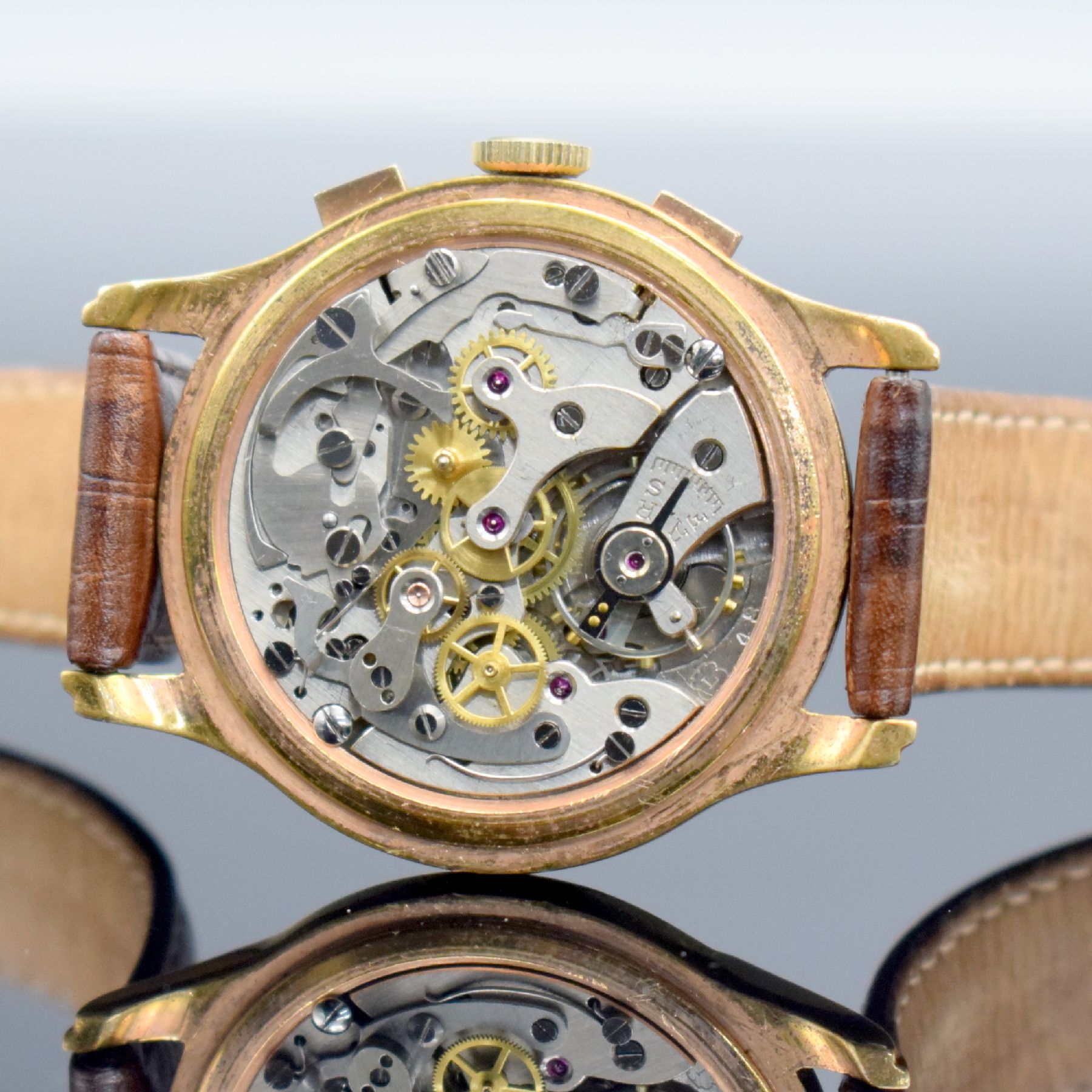 Detail g: Herrenarmbanduhr mit Chronograph Kaliber Landeron 48, Schweiz um 1950, Handaufzug, verg. Geh., Stahlboden aufgedr., Zifferbl. bez. "Baume & ...
