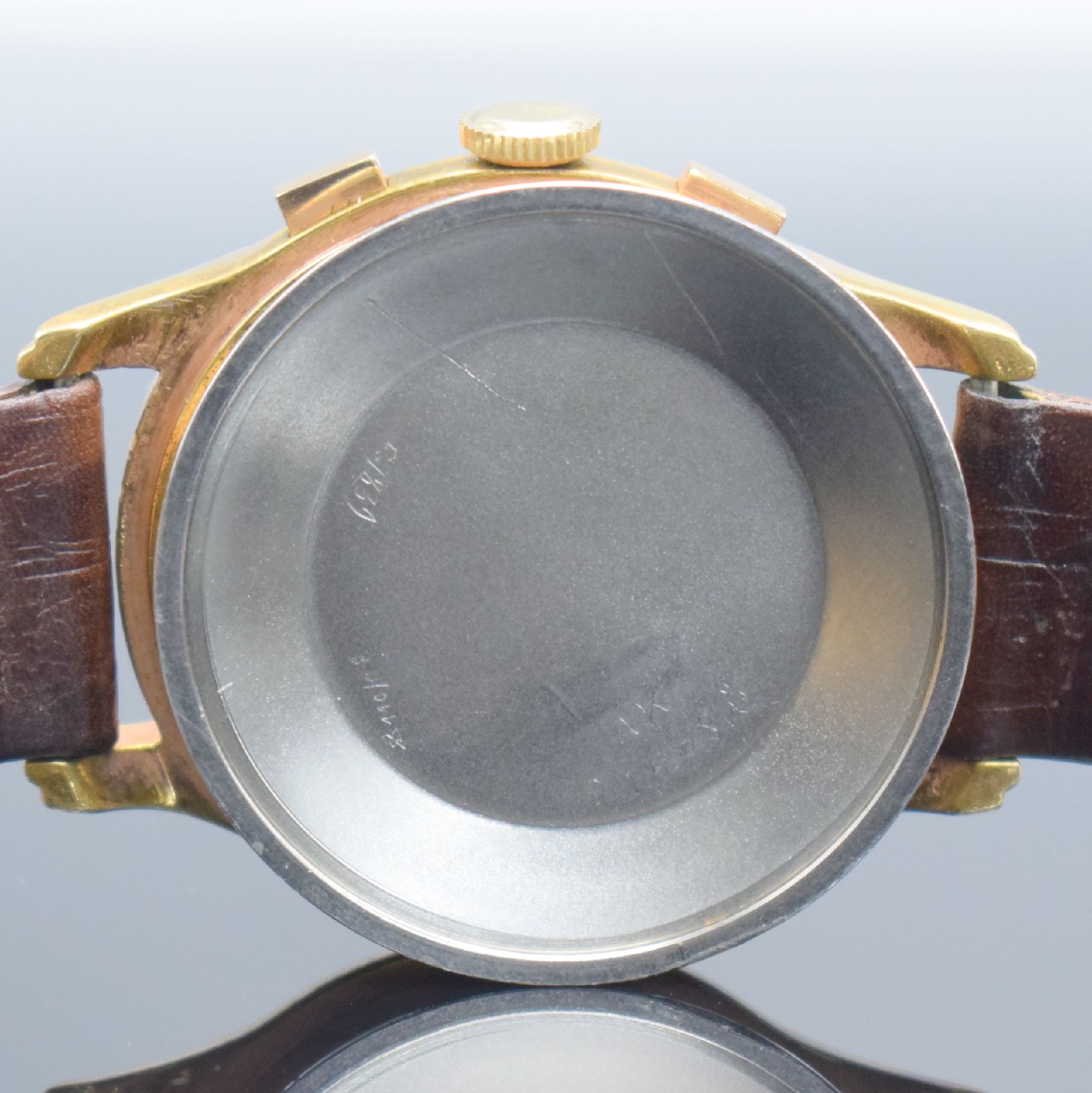 Detail i: Herrenarmbanduhr mit Chronograph Kaliber Landeron 48, Schweiz um 1950, Handaufzug, verg. Geh., Stahlboden aufgedr., Zifferbl. bez. "Baume & ...