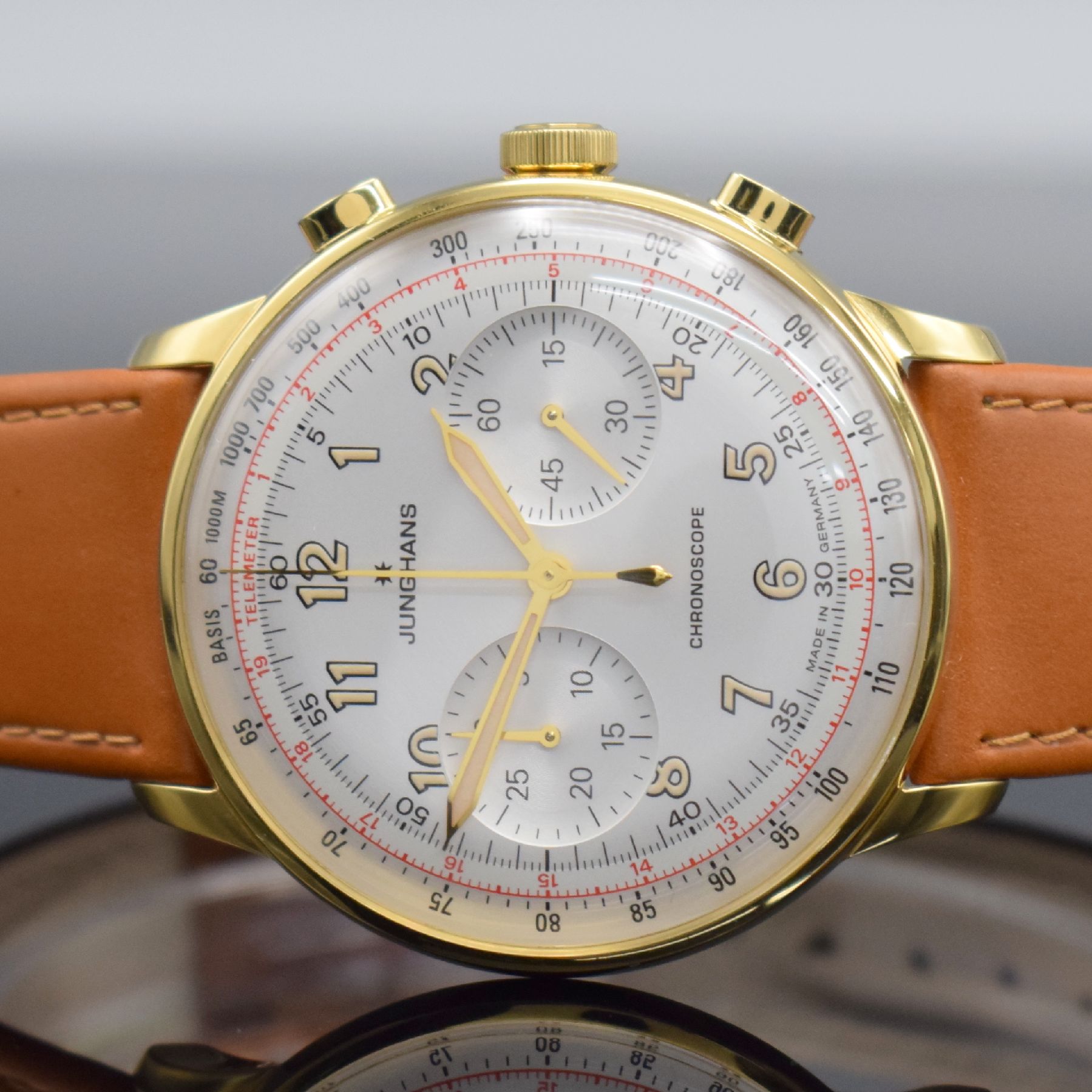 Detail a: JUNGHANS Chronoscope Herrenarmbanduhr mit Chronograph Referenz 027/5382, Deutschland um 2018, verg. Stahlgehäuse, beids. vergl., orig. Lederband m. ...