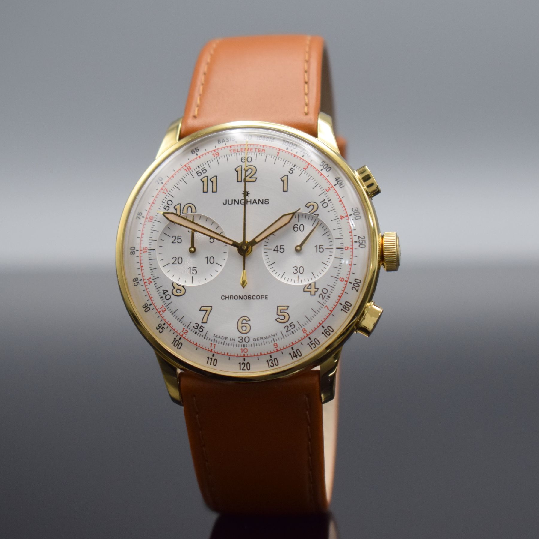 Detail b: JUNGHANS Chronoscope Herrenarmbanduhr mit Chronograph Referenz 027/5382, Deutschland um 2018, verg. Stahlgehäuse, beids. vergl., orig. Lederband m. ...