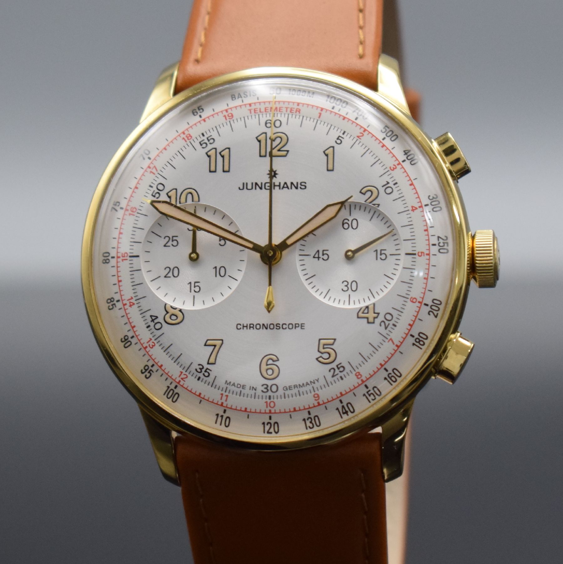 Detail c: JUNGHANS Chronoscope Herrenarmbanduhr mit Chronograph Referenz 027/5382, Deutschland um 2018, verg. Stahlgehäuse, beids. vergl., orig. Lederband m. ...