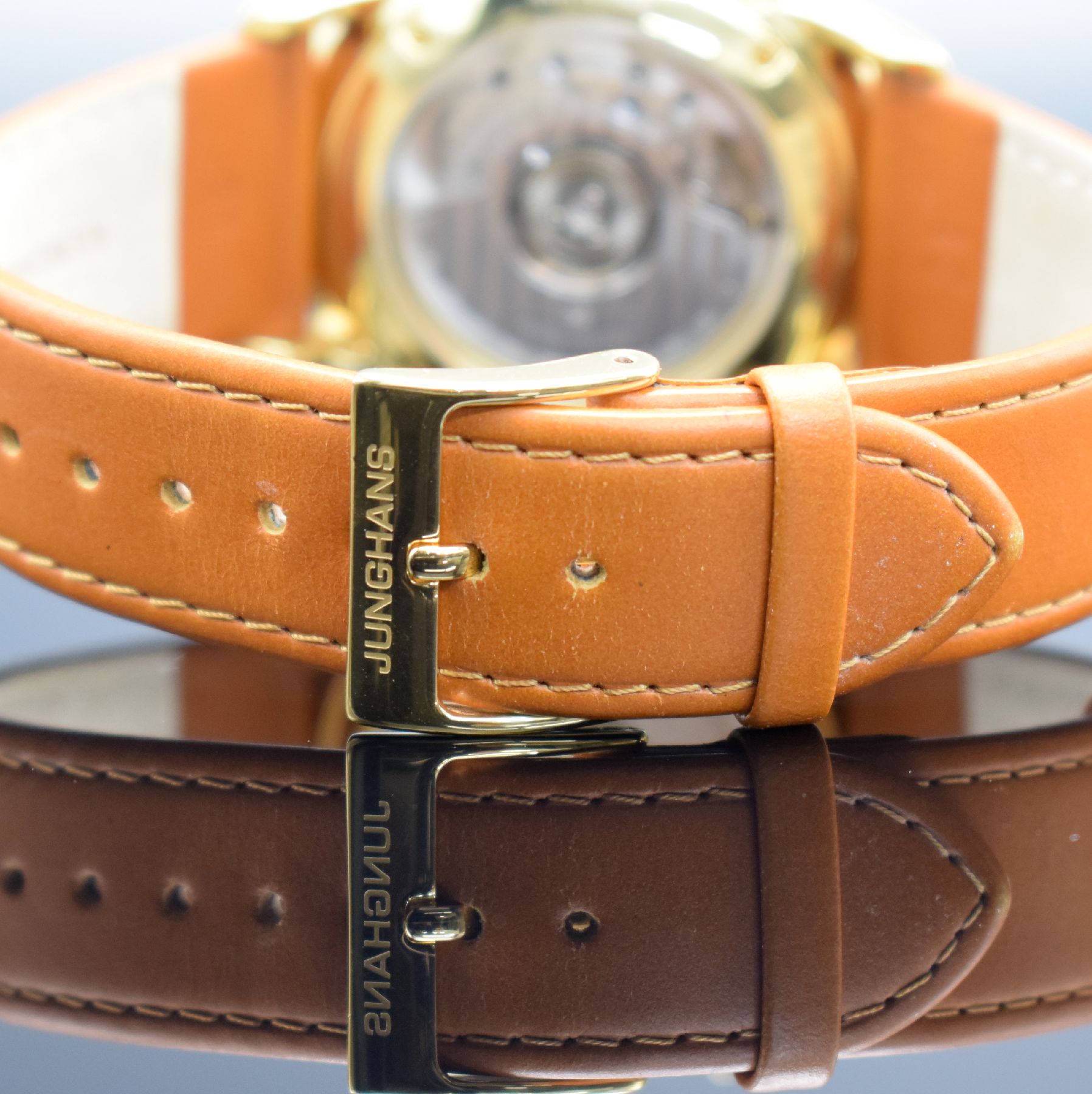Detail d: JUNGHANS Chronoscope Herrenarmbanduhr mit Chronograph Referenz 027/5382, Deutschland um 2018, verg. Stahlgehäuse, beids. vergl., orig. Lederband m. ...