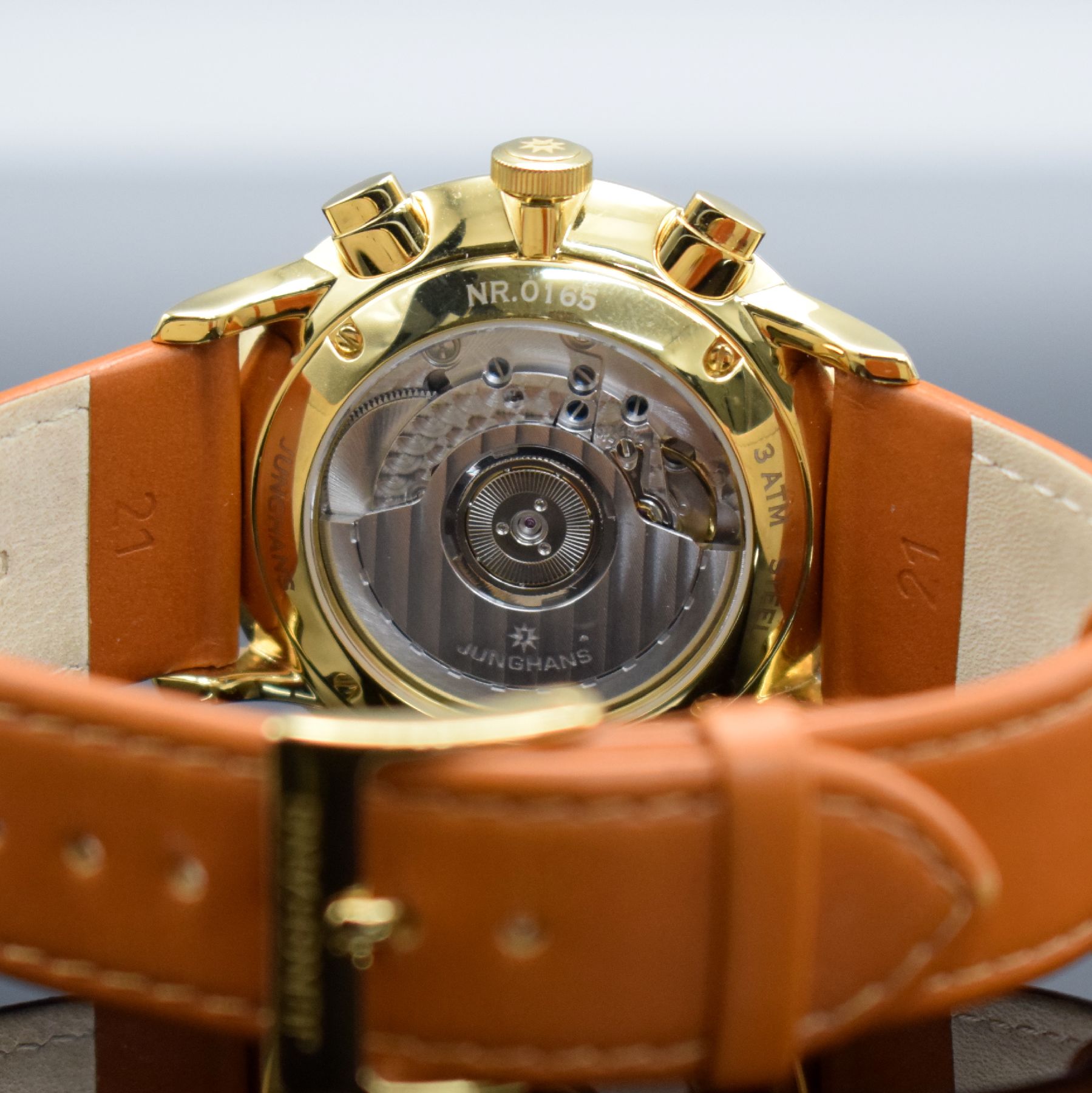 Detail e: JUNGHANS Chronoscope Herrenarmbanduhr mit Chronograph Referenz 027/5382, Deutschland um 2018, verg. Stahlgehäuse, beids. vergl., orig. Lederband m. ...