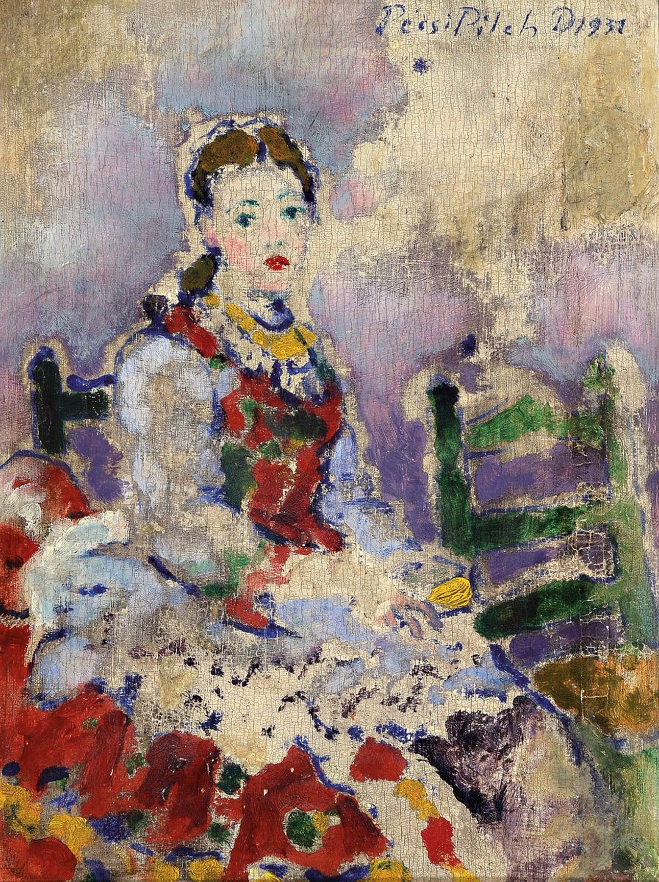 Dezsö Pécsi-Pilch, 1888 Pécs - 1949 Budapest, "une Paysanne de Sarköz", junge Frau auf grünem Stuhl, Öl/Holz, re. oben signiert und ...