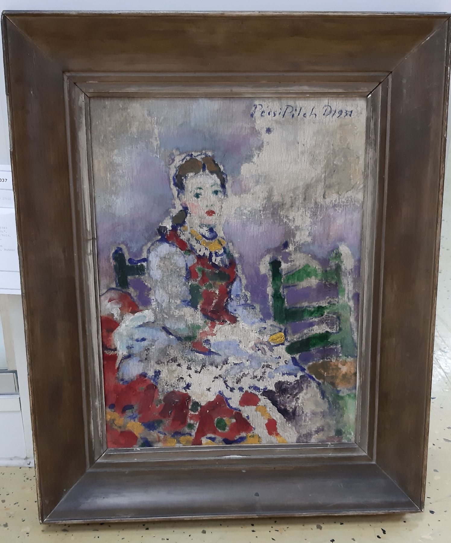 Detail b: Dezsö Pécsi-Pilch, 1888 Pécs - 1949 Budapest, "une Paysanne de Sarköz", junge Frau auf grünem Stuhl, Öl/Holz, re. oben signiert und ...