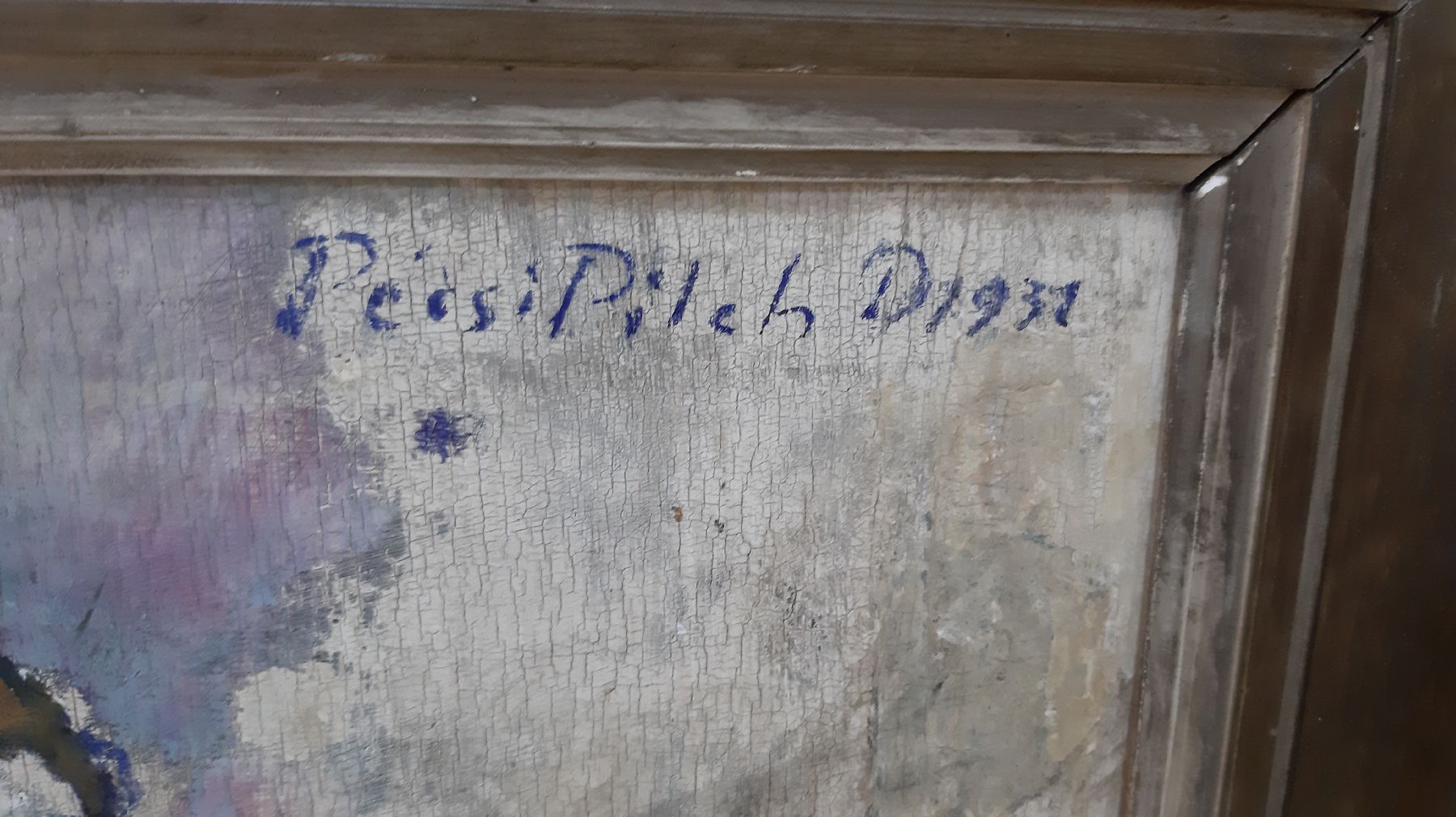 Detail d: Dezsö Pécsi-Pilch, 1888 Pécs - 1949 Budapest, "une Paysanne de Sarköz", junge Frau auf grünem Stuhl, Öl/Holz, re. oben signiert und ...