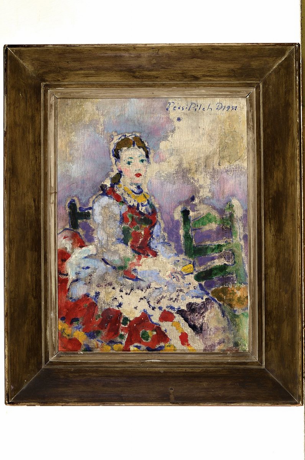 Detail k: Dezsö Pécsi-Pilch, 1888 Pécs - 1949 Budapest, "une Paysanne de Sarköz", junge Frau auf grünem Stuhl, Öl/Holz, re. oben signiert und ...
