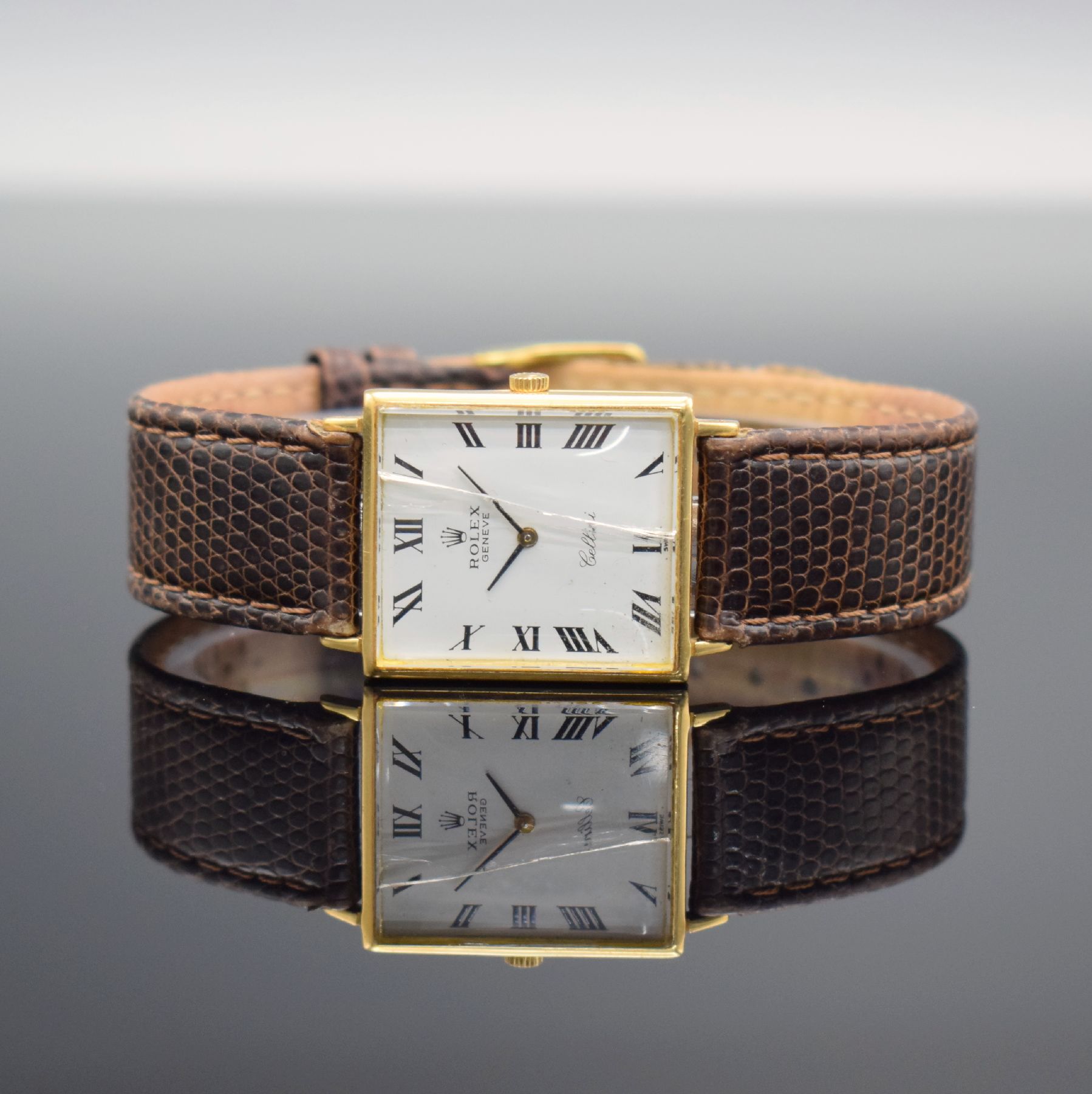 ROLEX Cellini rechteckige Armbanduhr in GG 750/000 Referenz 3603, Handaufzug, Schweiz um 1961, 2-tlg. Geh., Boden aufgedr., Mineralglas zu ers., ...