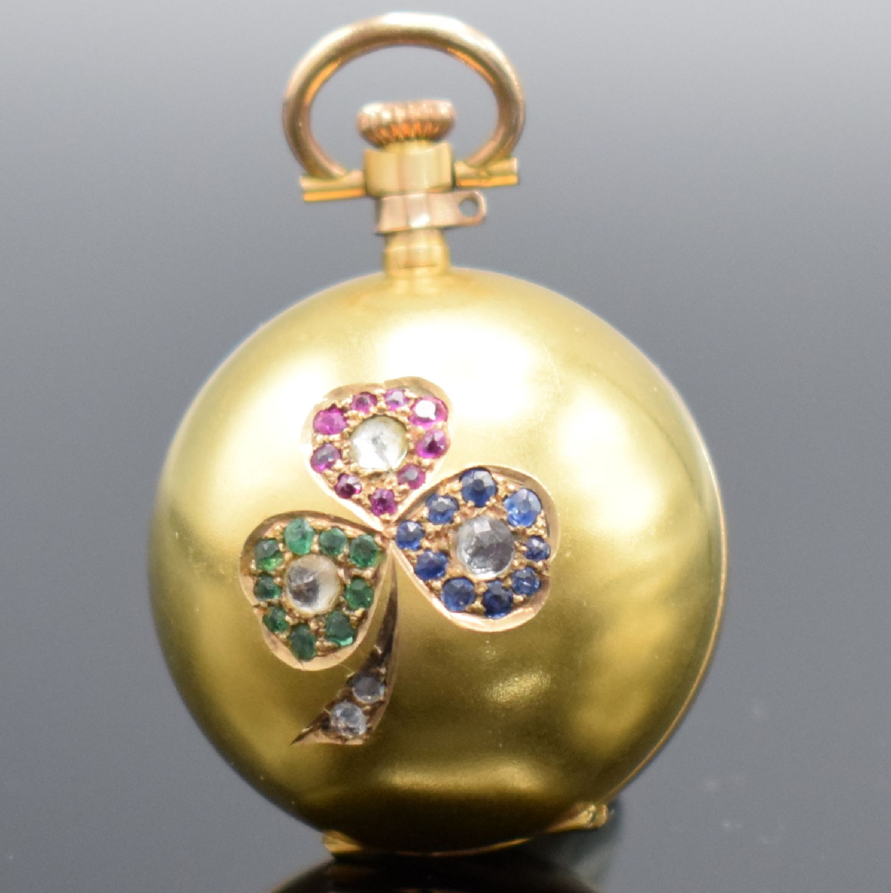 Detail a: NESTOR ausgefallen Zylinder-Damentaschenuhr in GG 585/000, Handaufzug, Schweiz um 1910, l. dell. Außengehäuse in Form einer Kugel aufw. m. Rubinen, ...