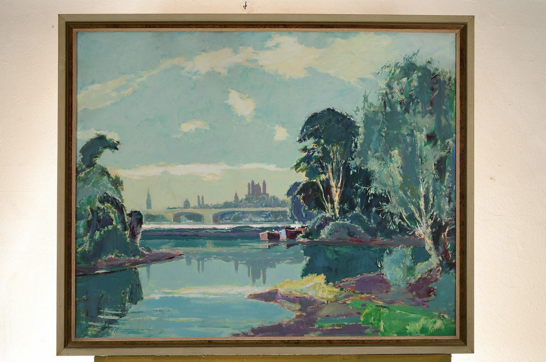 Detail k: Karl Graf, 1902-1986 Speyer, Blick über den Rhein auf den Dom zu Speyer, im Vordergrund Boote, Aquarell/Gouache auf Malkarton, rechts unten ...