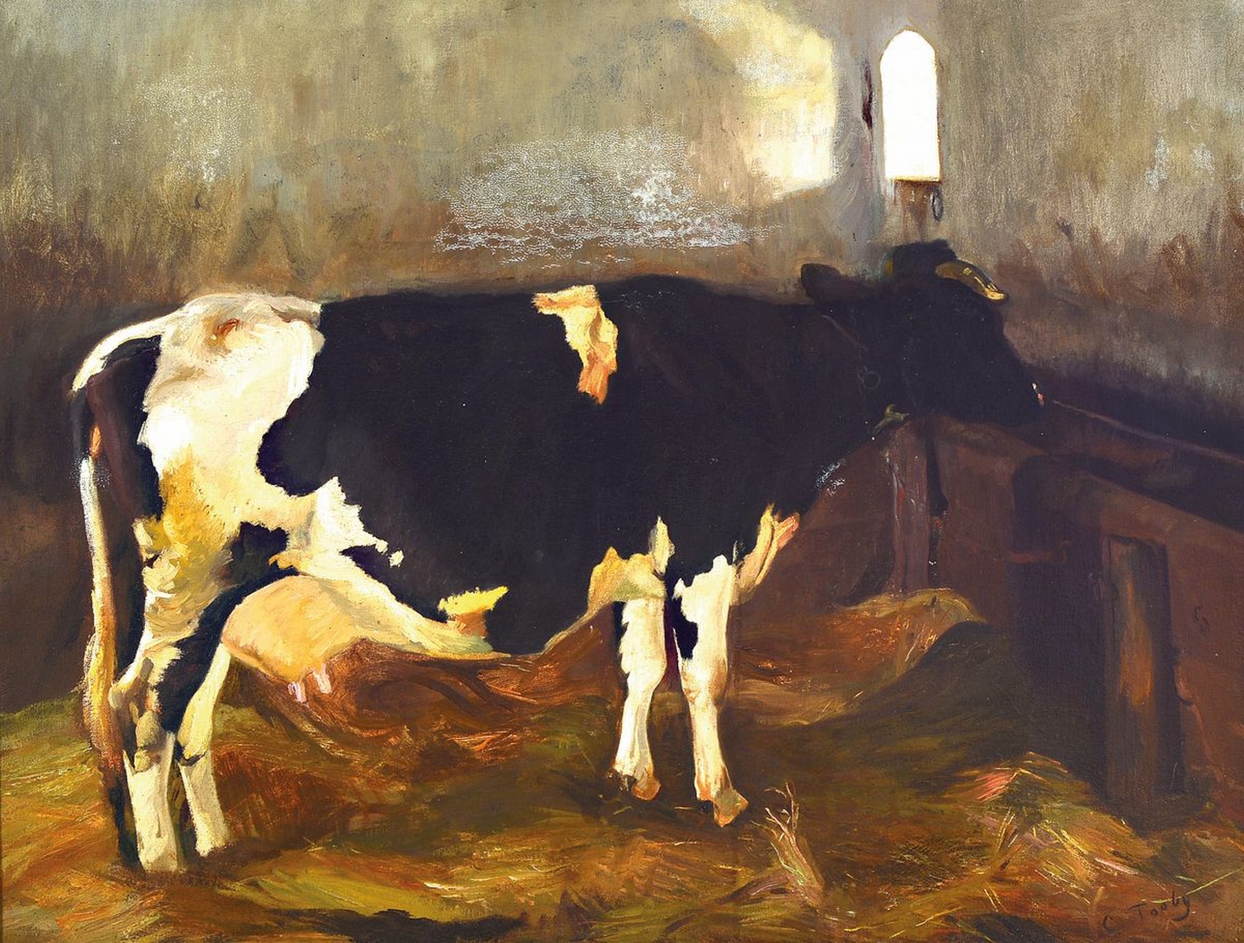Charles Tooby, 1863 London - 1918, Kuh an der Tränke im Stall, im diffusen Licht und Gegenlicht gemalt, hohe Stofflichkeit, differenzierte ...