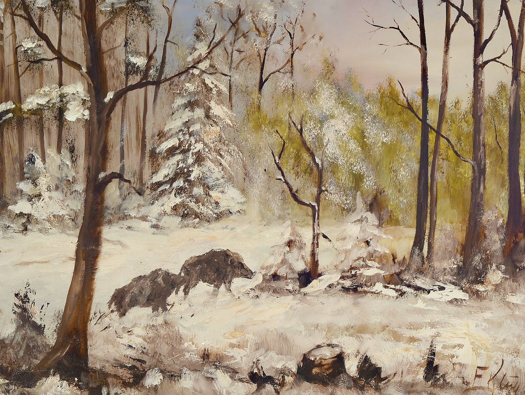 Erich Klug, Maler aus Deidesheim, Jagdgemälde, Wildschweine in verschneiter Waldlandschaft, Öl/Lwd, signiert, ca. 60 x 80 cm, vergoldeter ...